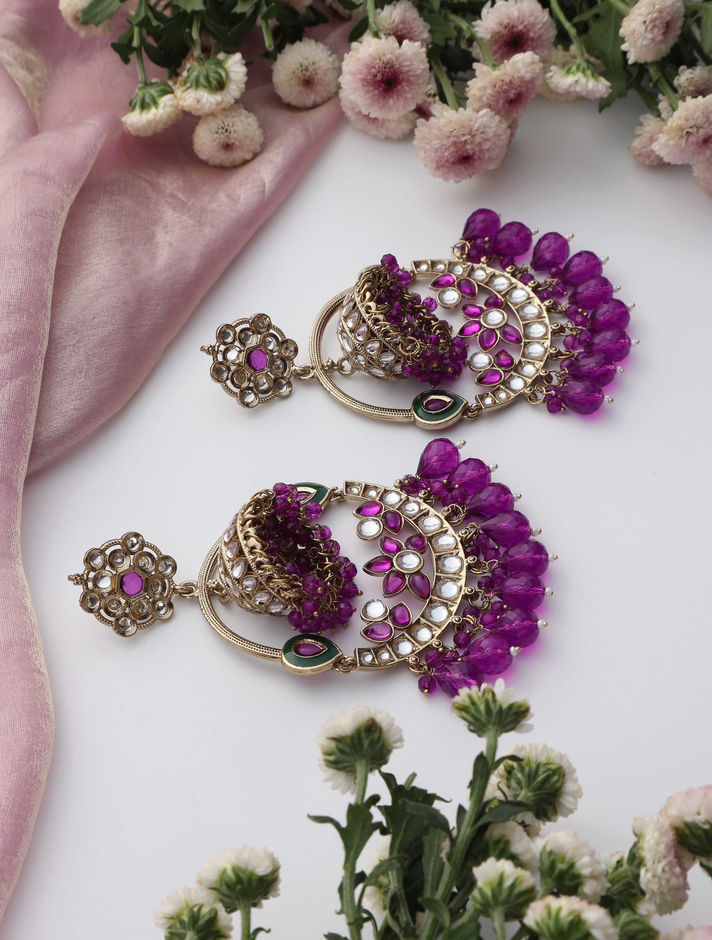 Purple Color Round Kundan Jhumka Earrings