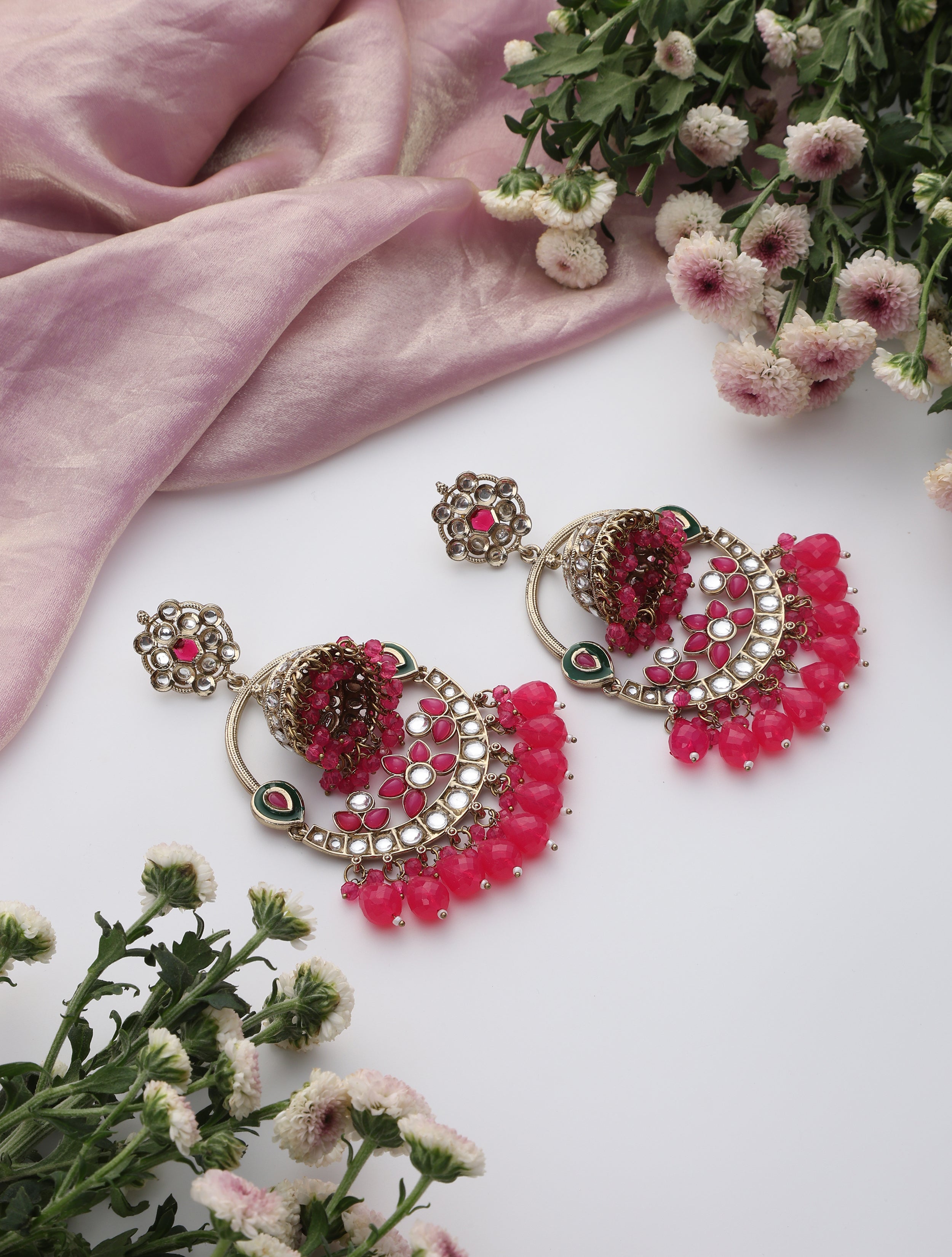 Rani Color Round Kundan Jhumka Earrings