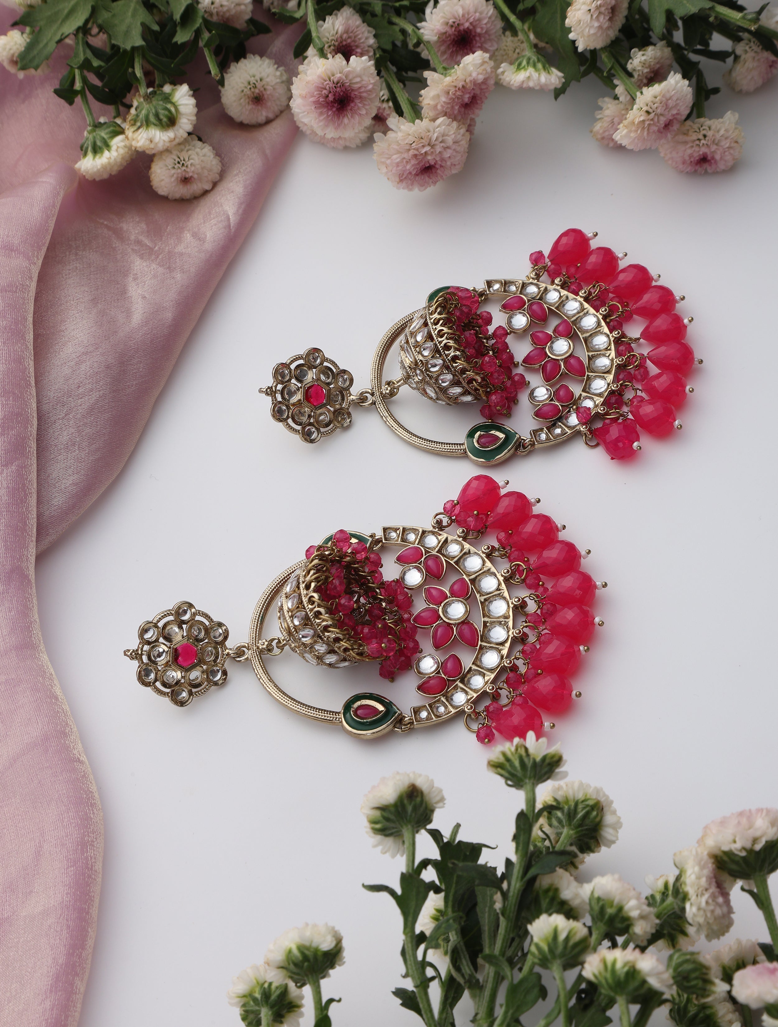 Rani Color Round Kundan Jhumka Earrings