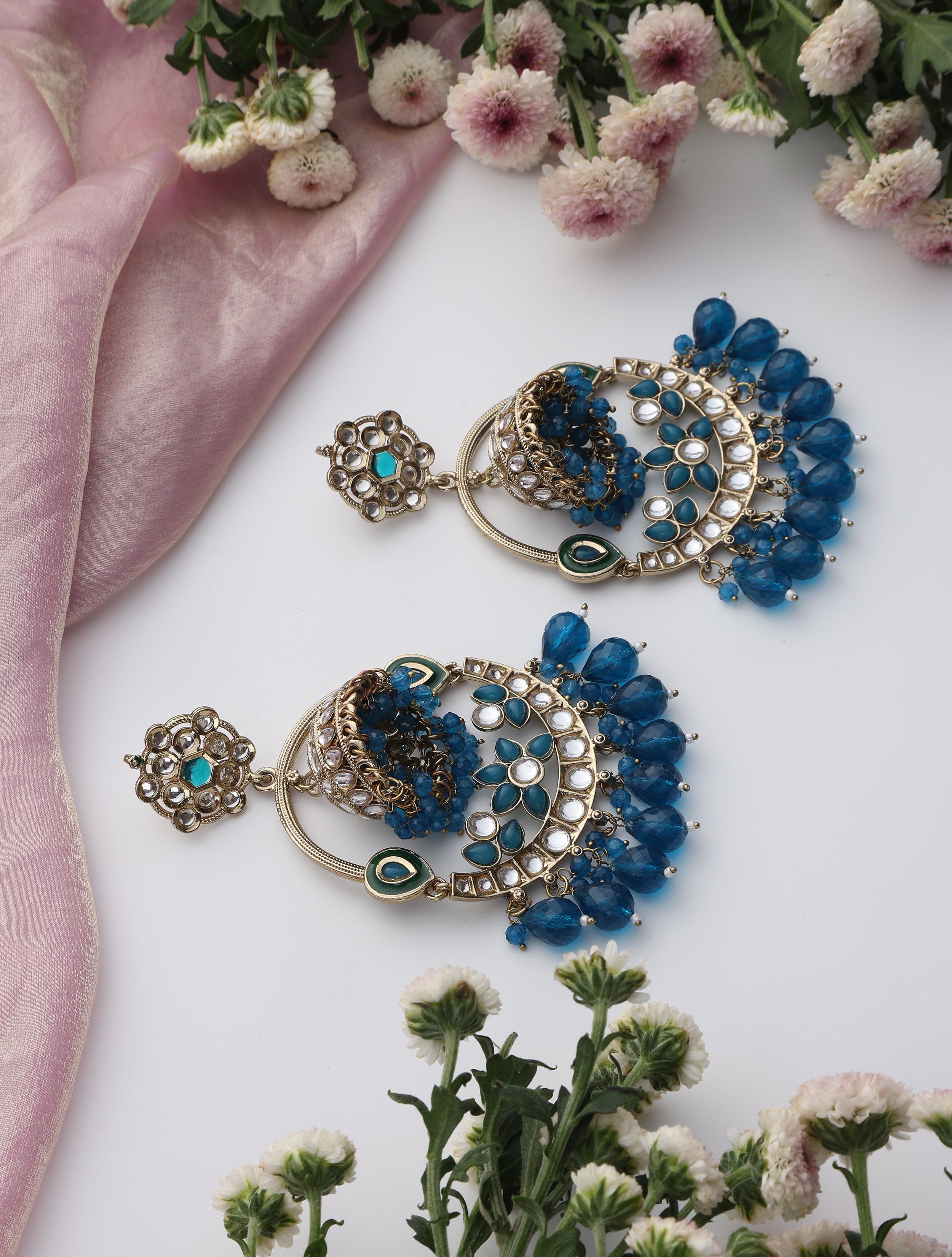 Turquoise Blue Round Color Kundan Jhumka Earrings