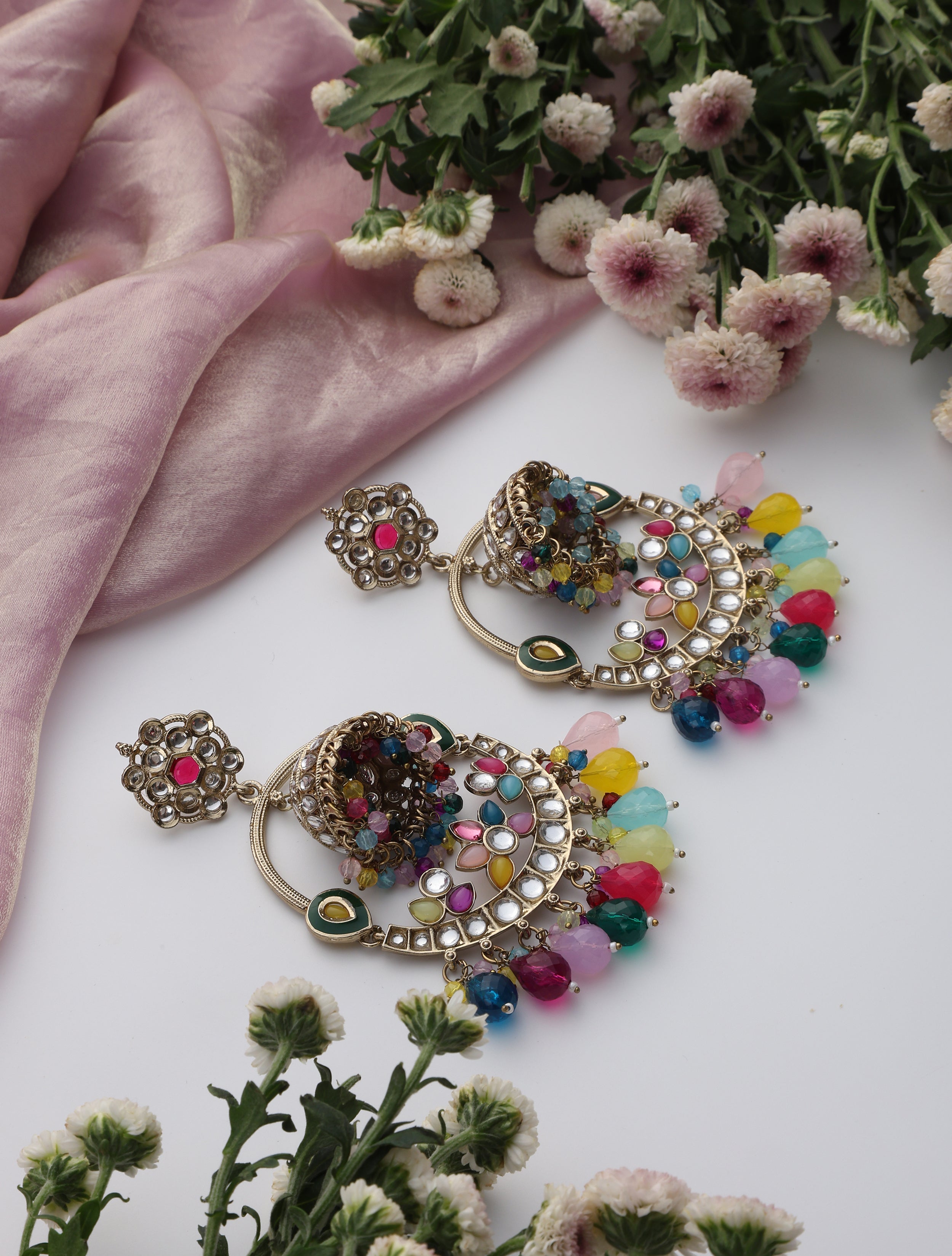 Multi Color Round Kundan Jhumka Earrings