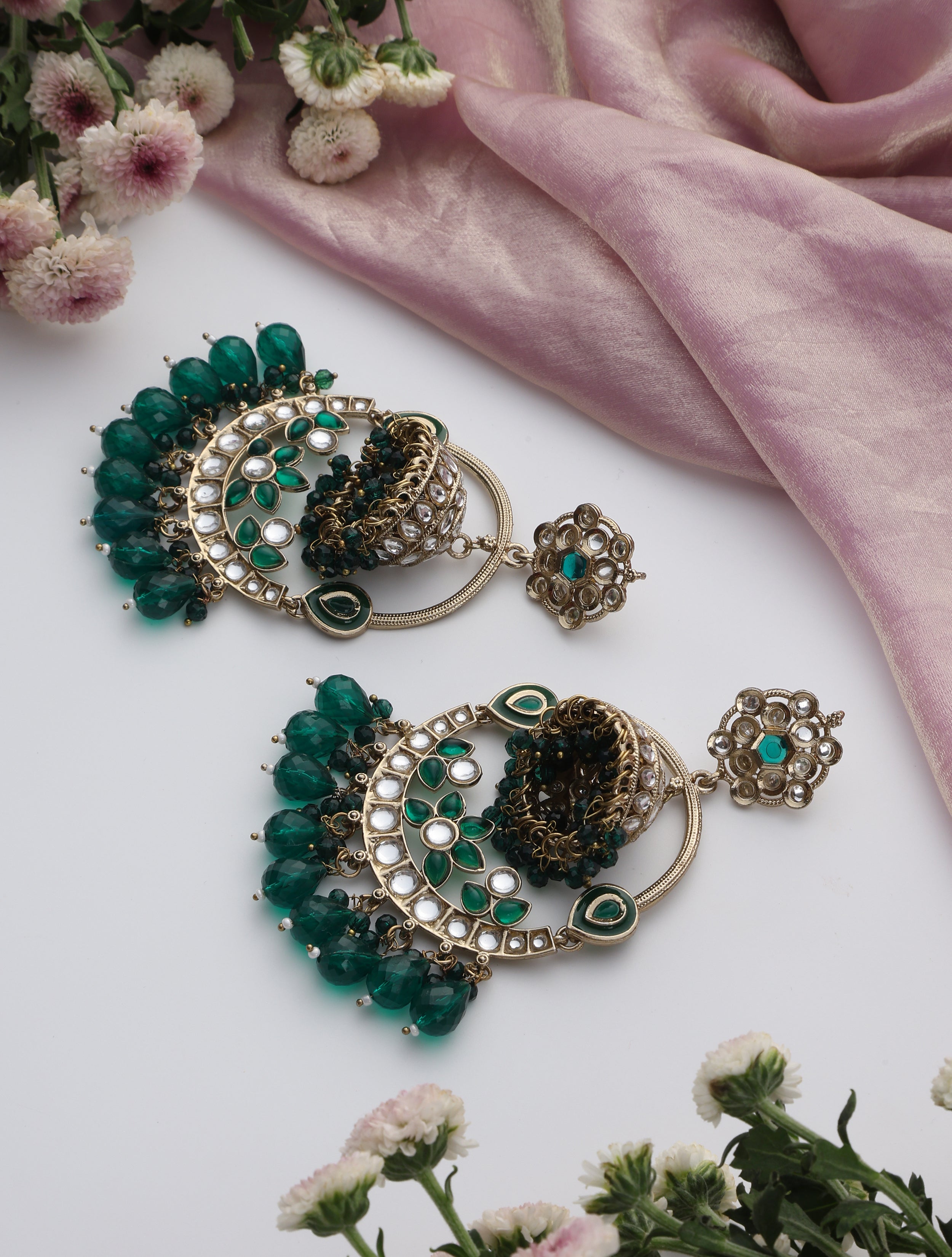 Green Round Color Kundan Jhumka Earrings