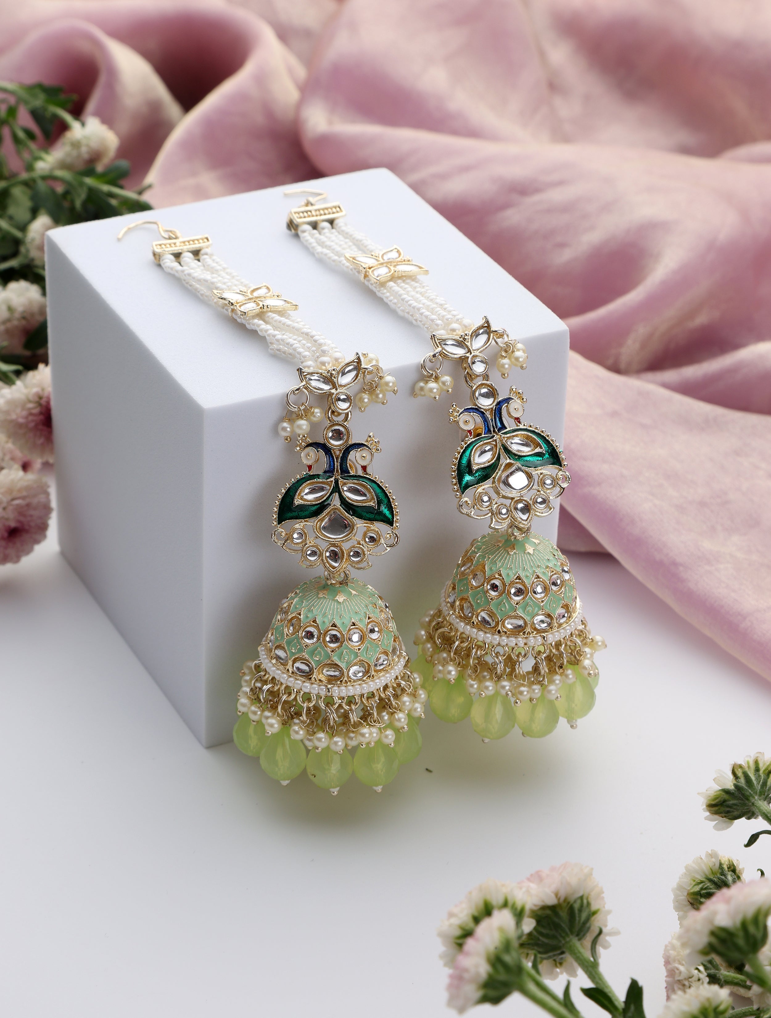 Pista Green Color Meenakari Kundan Jhumka
