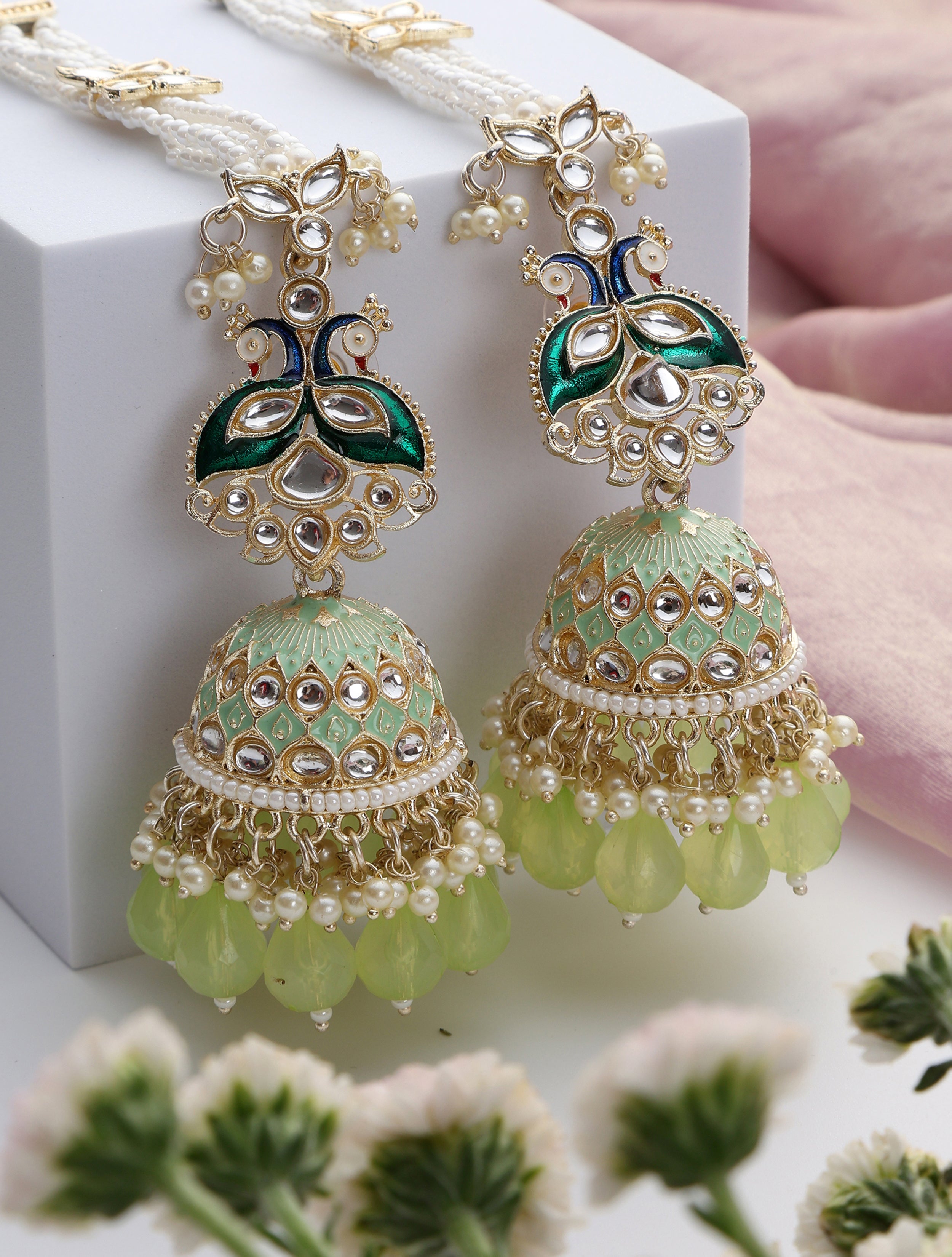 Pista Green Color Meenakari Kundan Jhumka