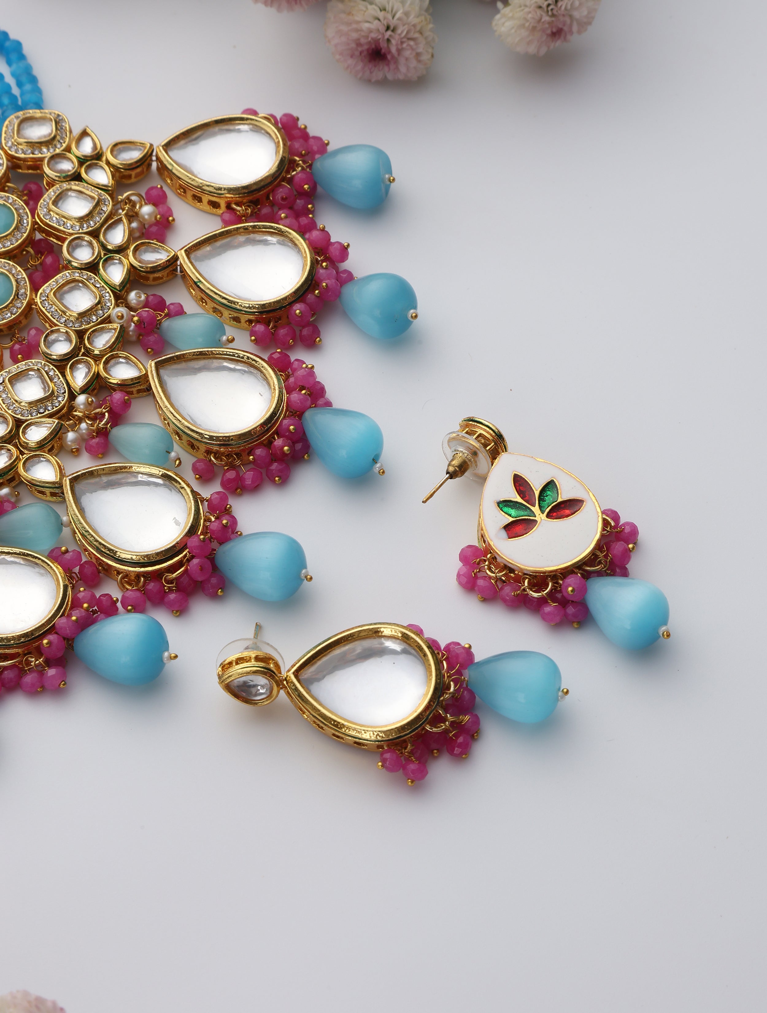 Firozi Color Back Side Meena Work Kundan Necklace, Earring and Maang Teeka Set