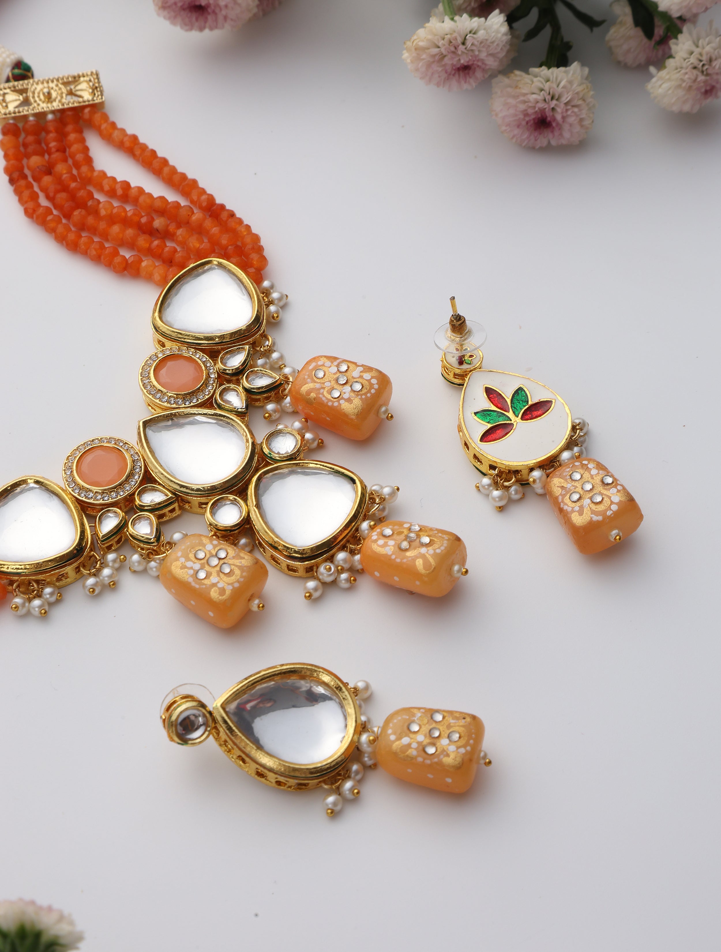 Orange Color Kundan Meena Necklace & Earring Set