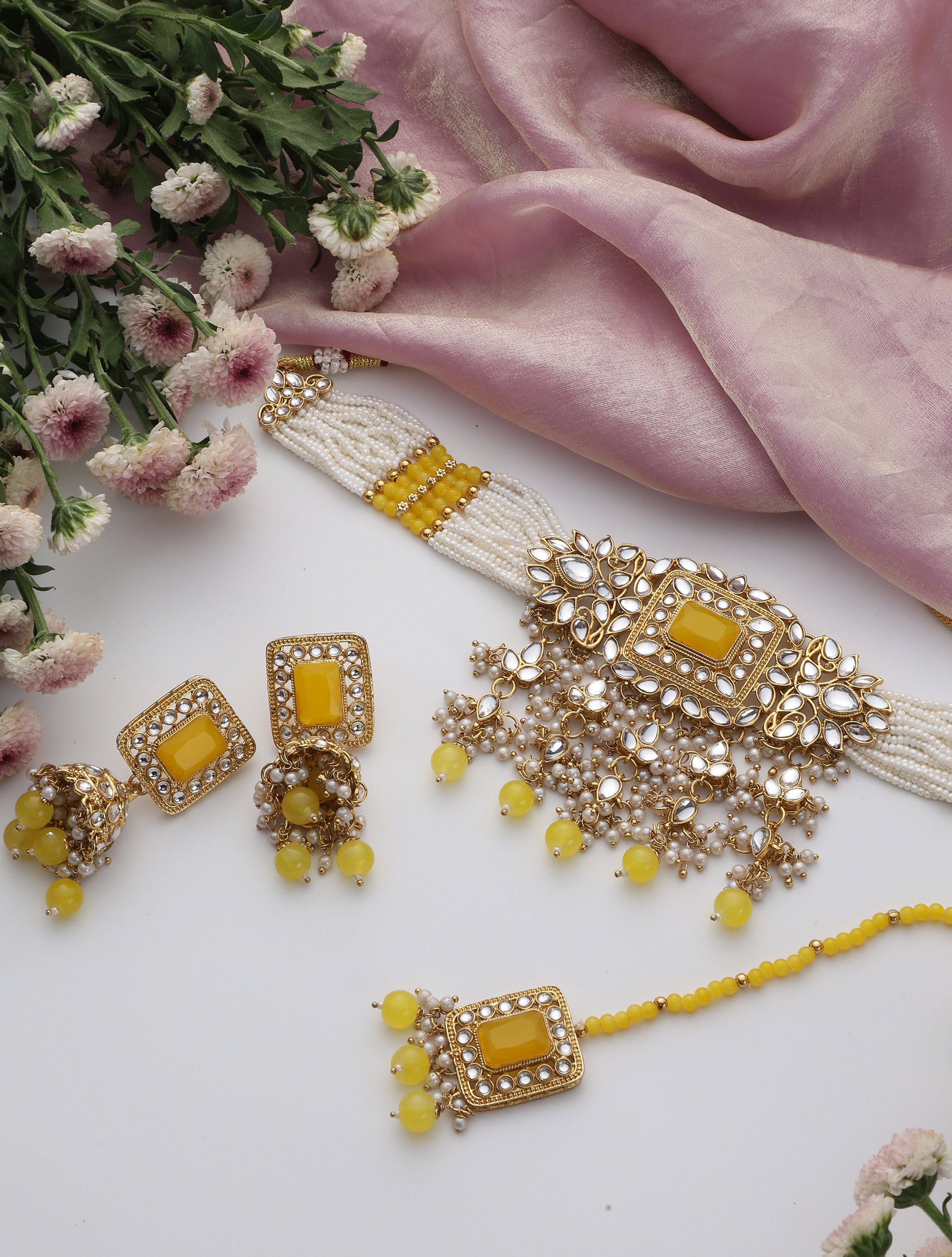 Yellow Pearl Choker Kundan Necklace, Earring and Maang Teeka Set