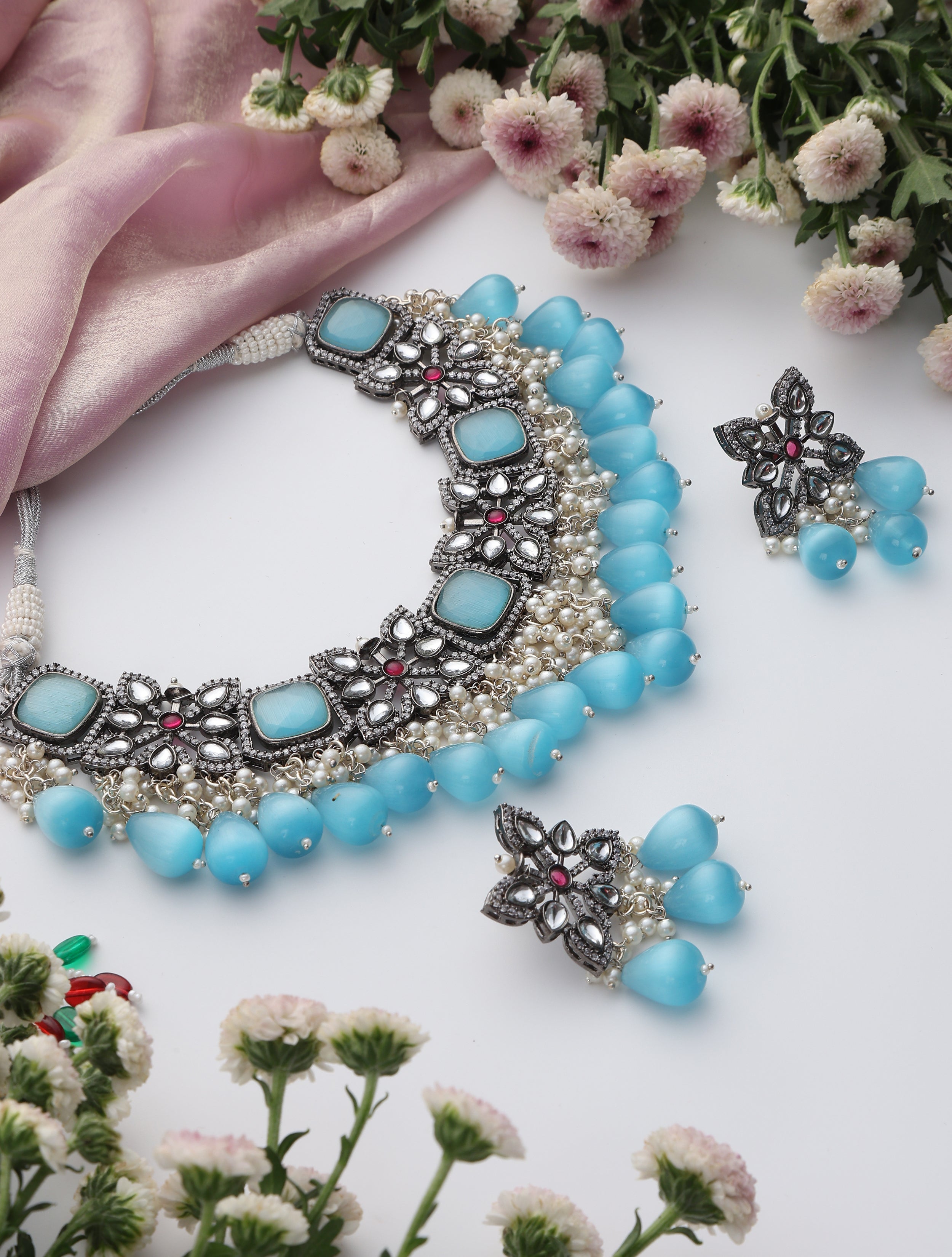 Firozi Color American Diamond Necklace & Earring Set