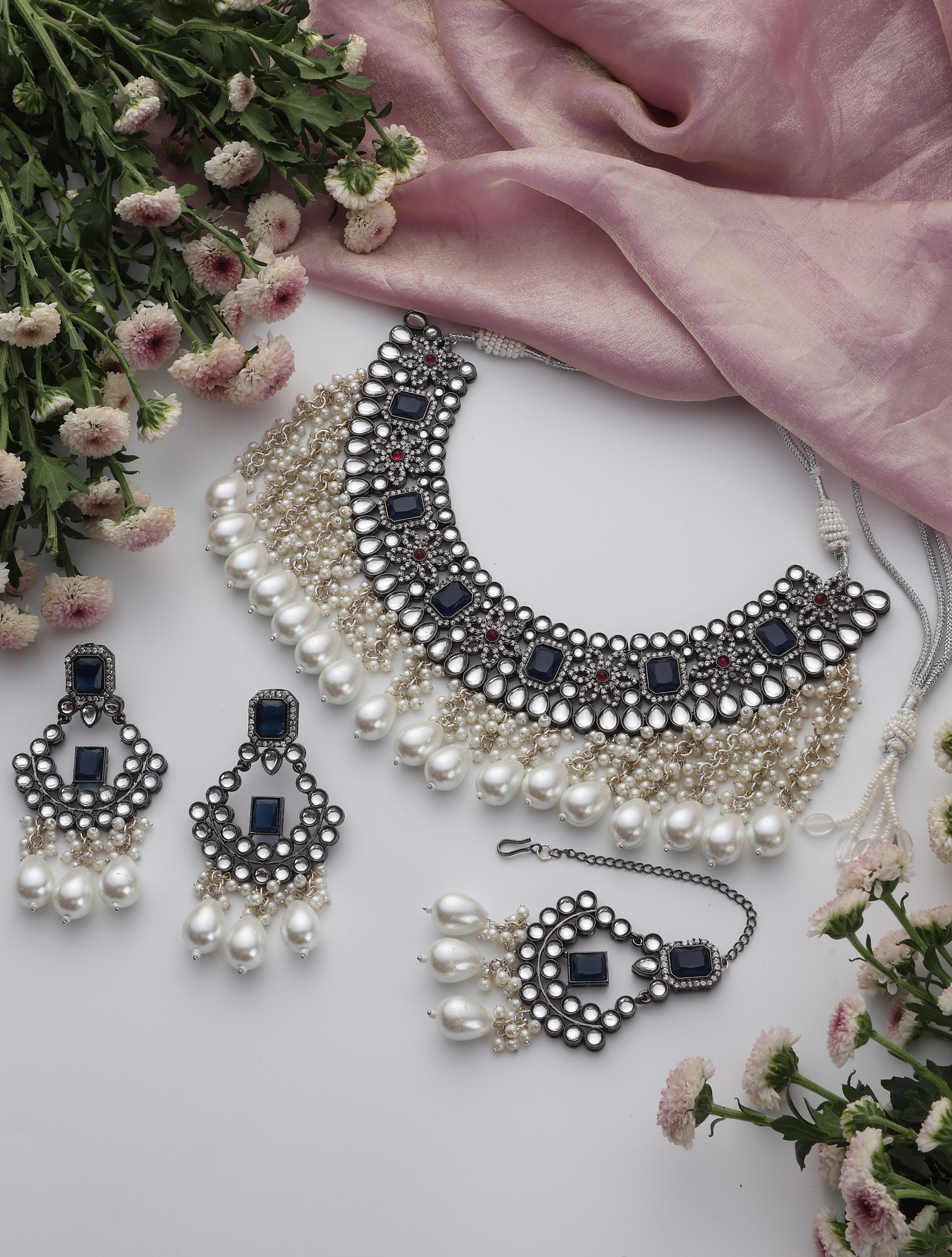 Blue Pearl Drop American Diamond Necklace, Earring and Maang Teeka Set