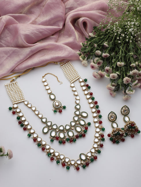 Maroon & Green Color Long Kundan Necklace, Earring and Maang Teeka Set