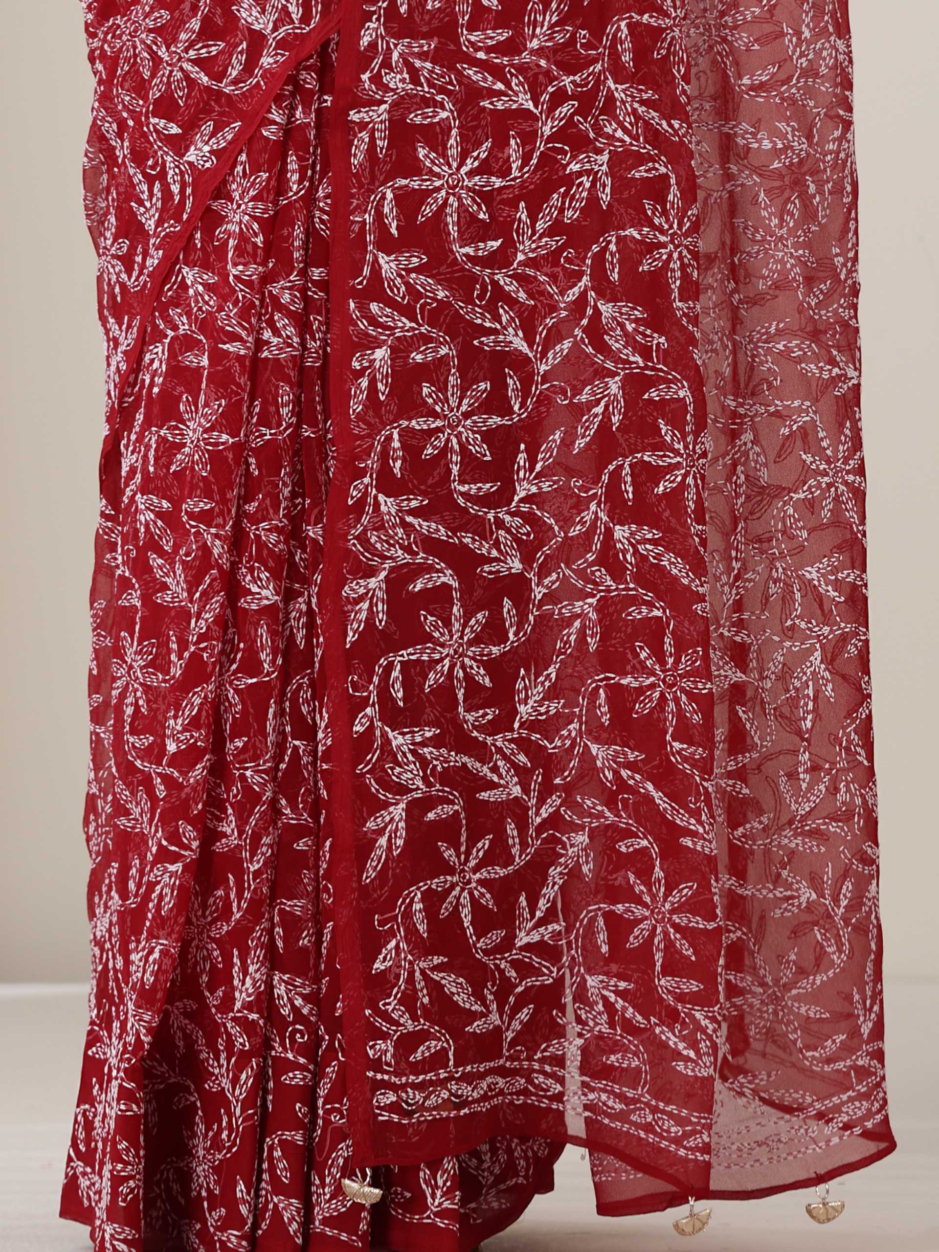 Maroon  Hand Chikankari Tepchi Saree with Blouse Fabric