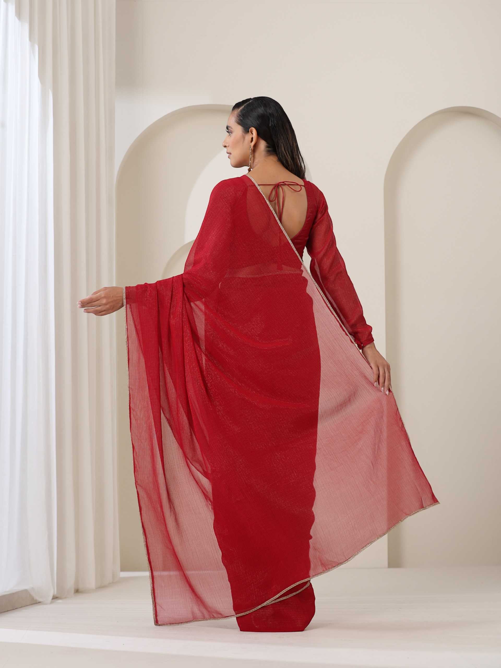 Red Kota Saree with Lace and Blouse Fabric