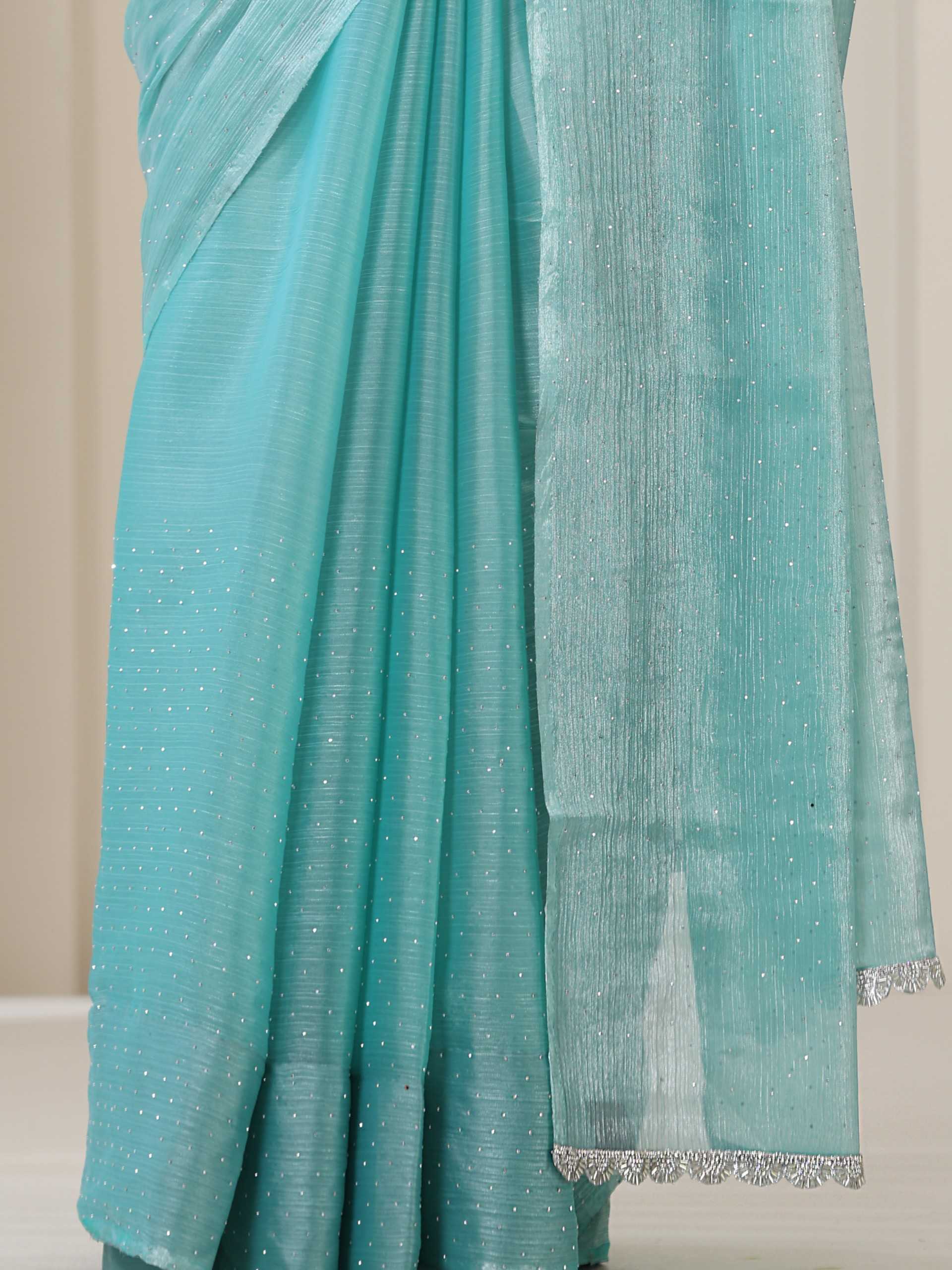 Sea Green Glamour Swarovski Style Organza Saree with Blouse Fabric