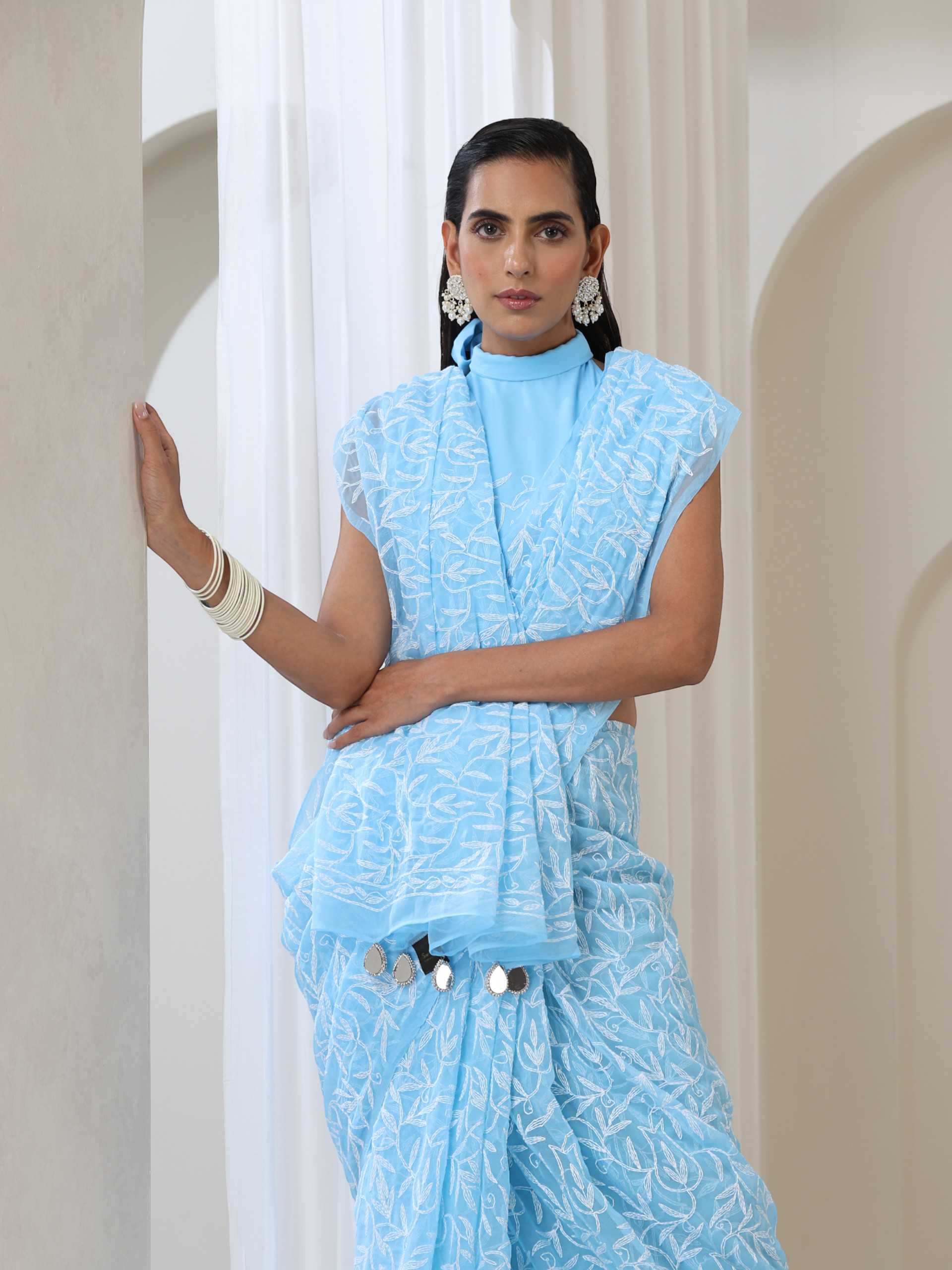Light Blue Hand Chikankari Tepchi Saree with Blouse Fabric