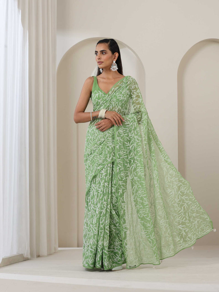Green Hand Chikankari Tepchi Saree with Blouse Fabric