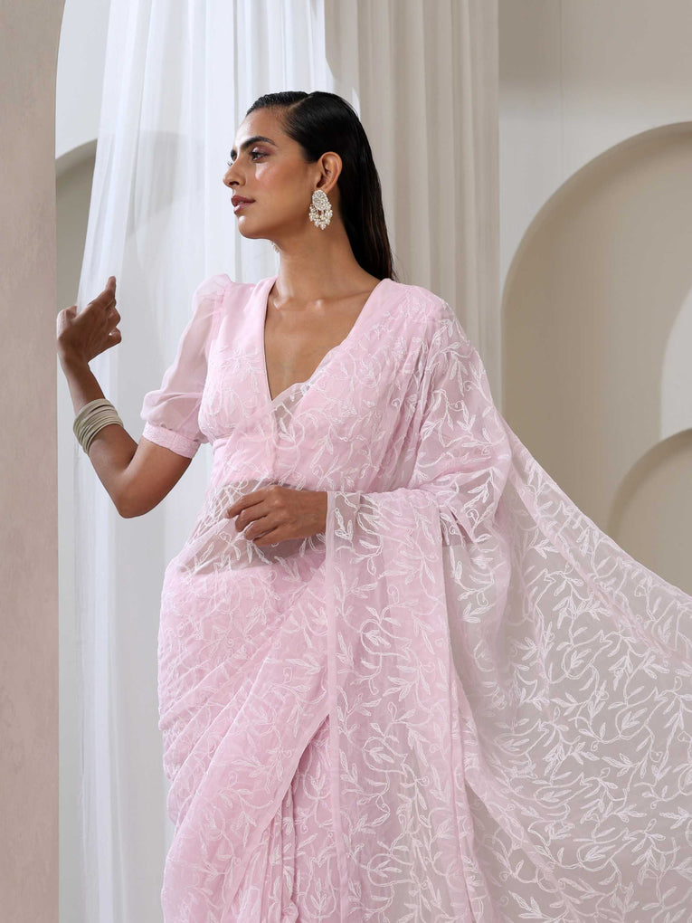 Light Pink Hand Chikankari Tepchi Saree with Blouse Fabric
