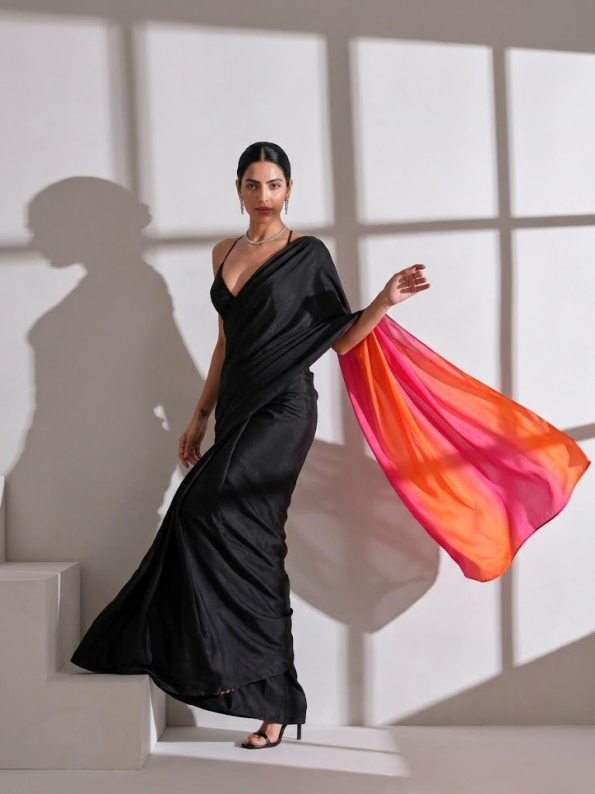 Black Surprise Saree with Pink Orange Satin and Black Blouse Fabric