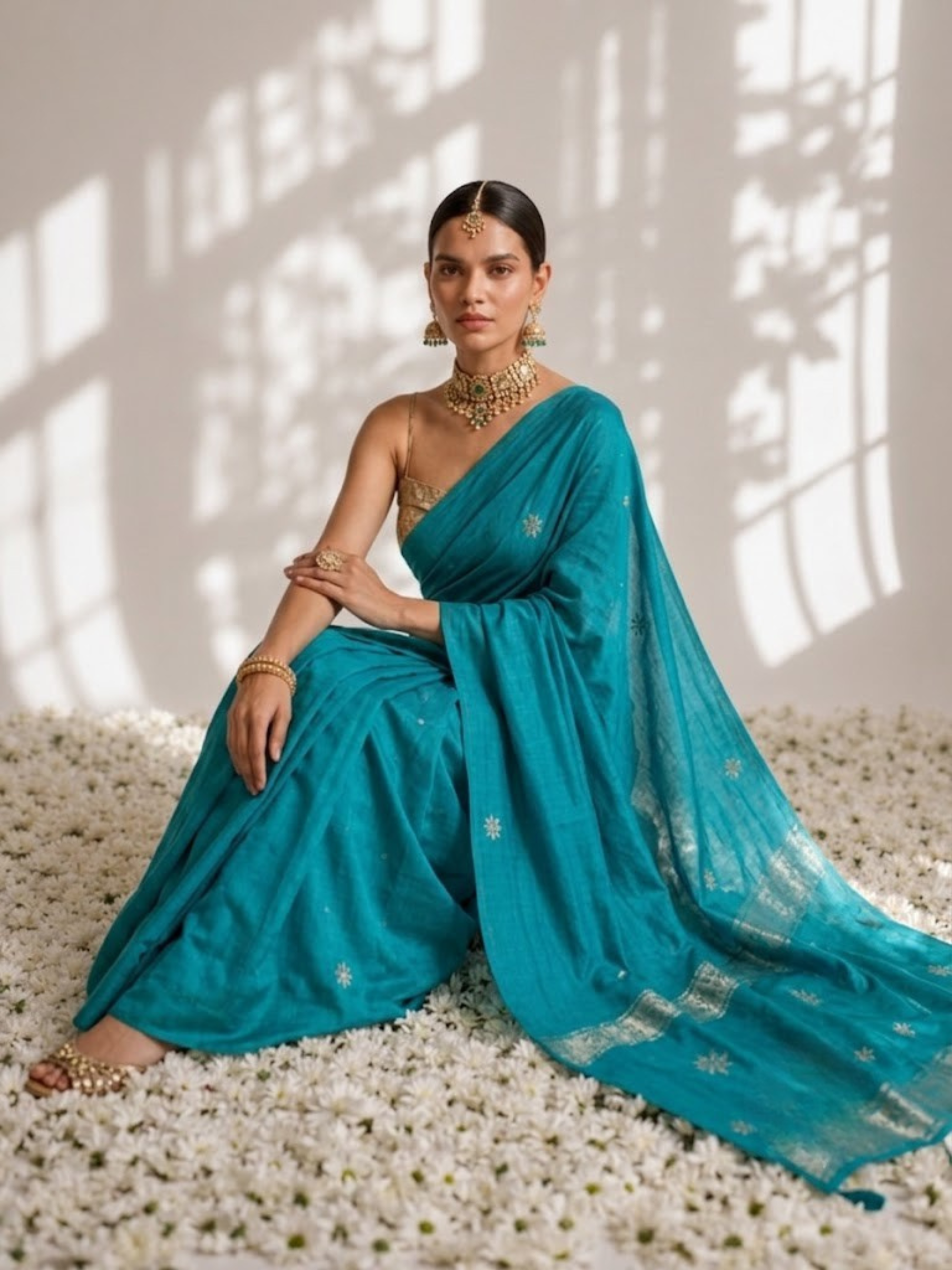 Malachite Green Soft Silk Blend Bhagalpur Saree with Self Blouse Fabric