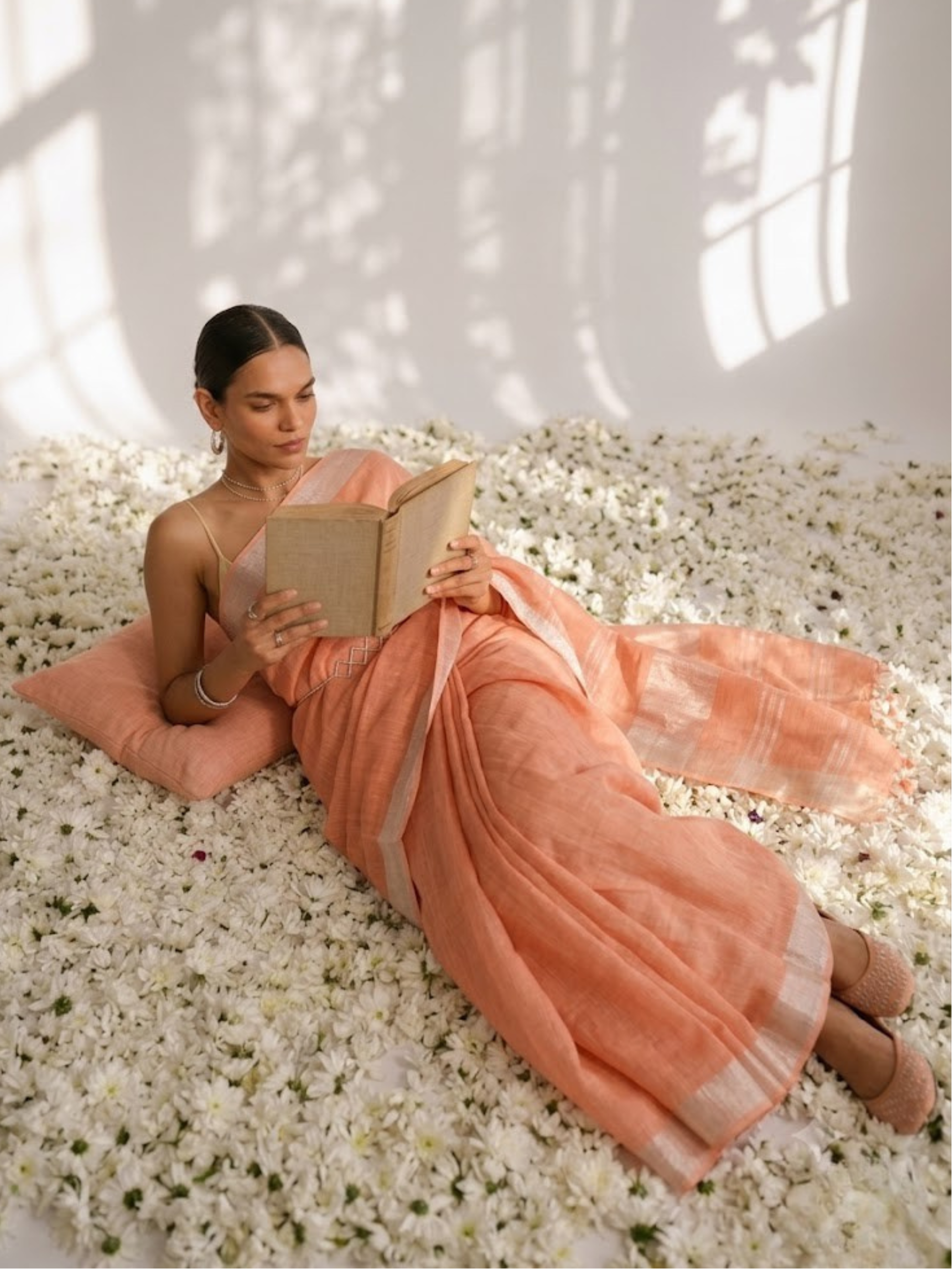 Peach Linen Saree with Self Blouse Fabric