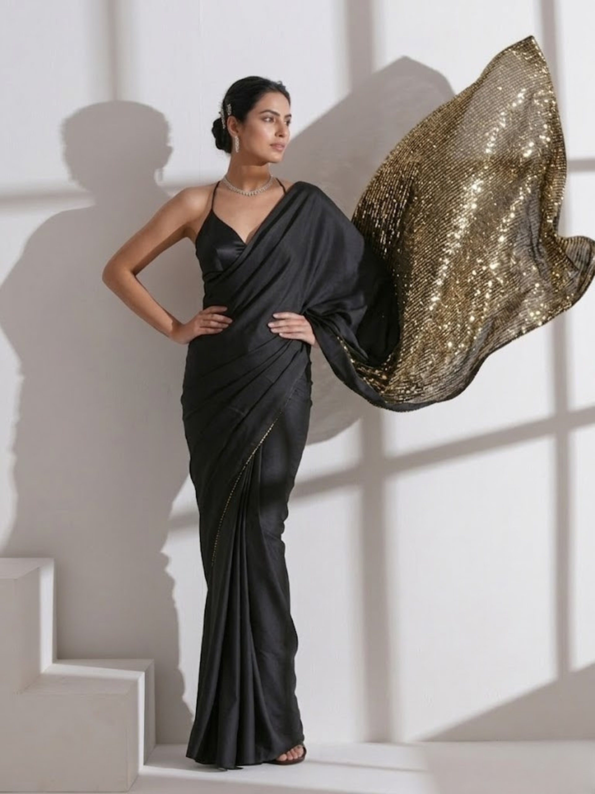 Black Surprise Saree with Gold Sequin and Black Blouse Fabric
