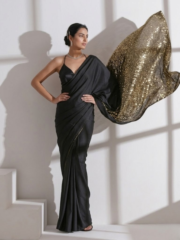 Black Surprise Saree with Gold Sequin and Black Blouse Fabric