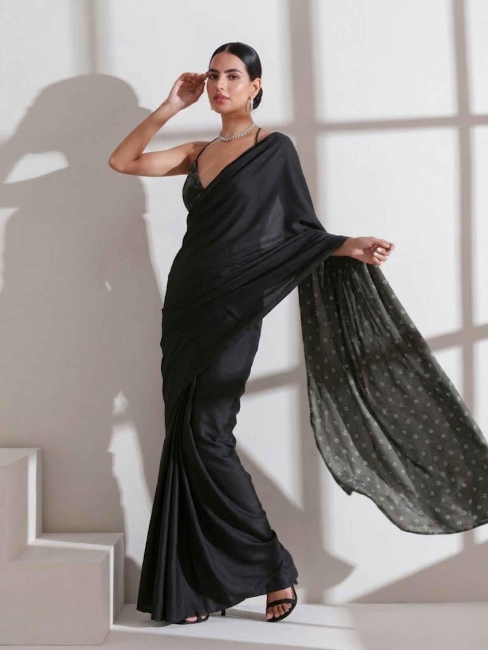 Black Surprise Saree with Silver and Black Blouse Fabric