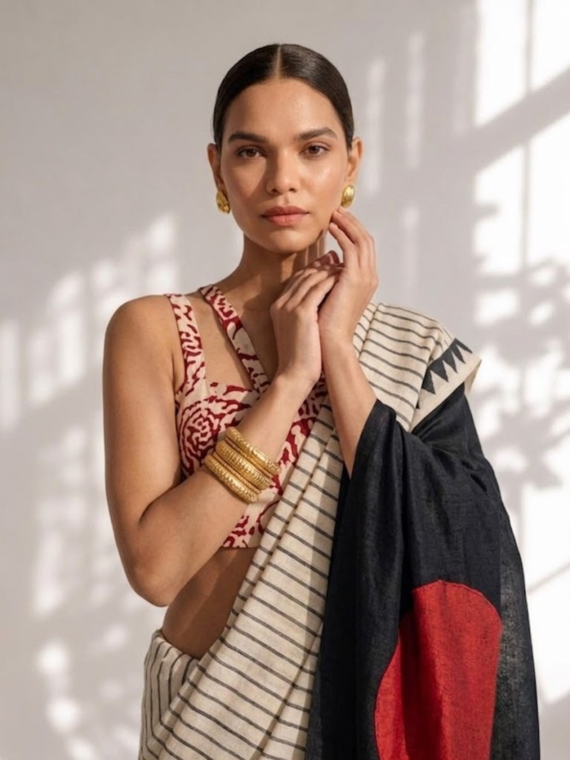 Modal Silk black white Stripe Hand Block Printed Saree with Red dot pallu and Blouse Fabric