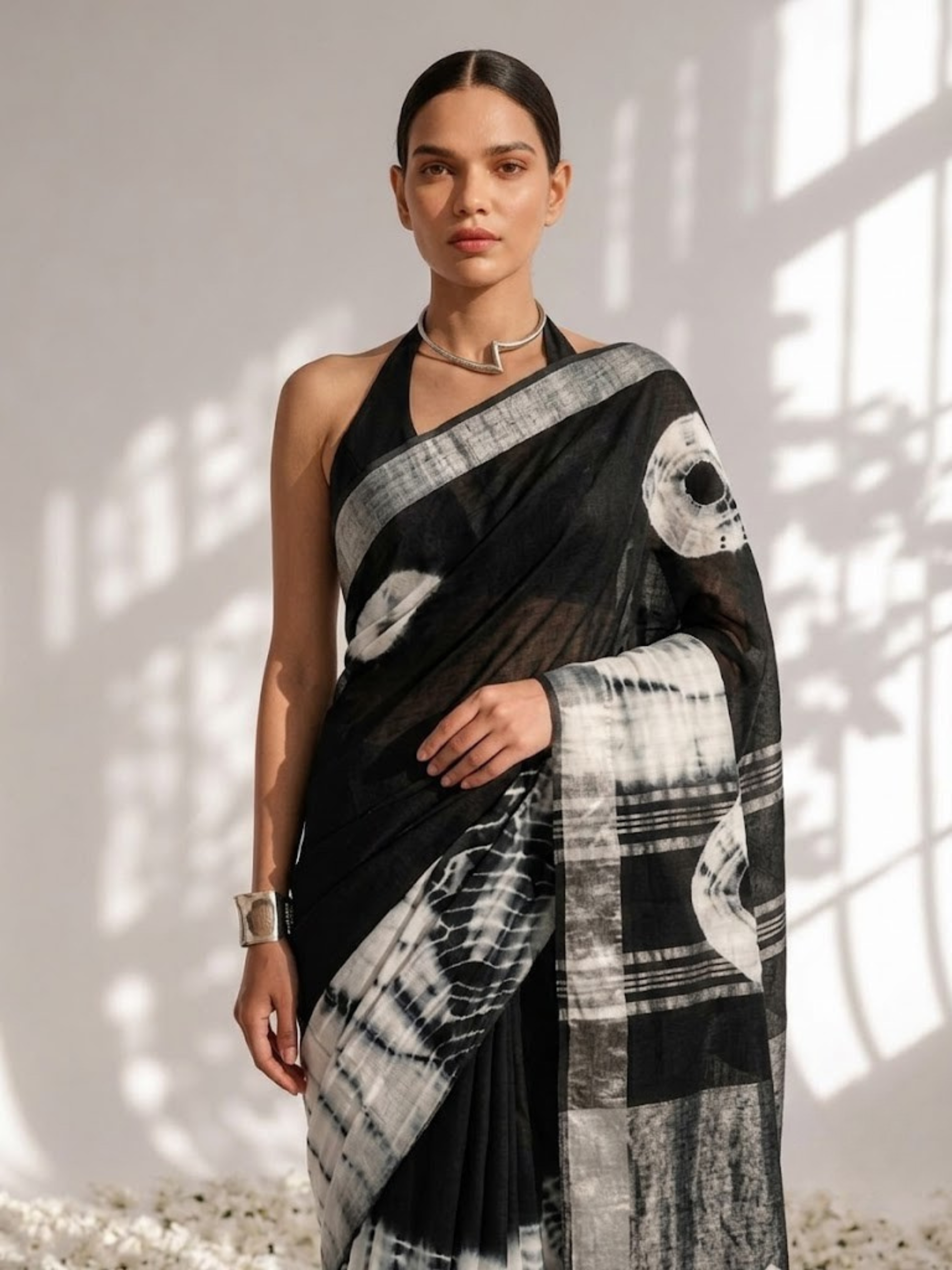 Black and white hand tie dye soft cotton saree — view 3