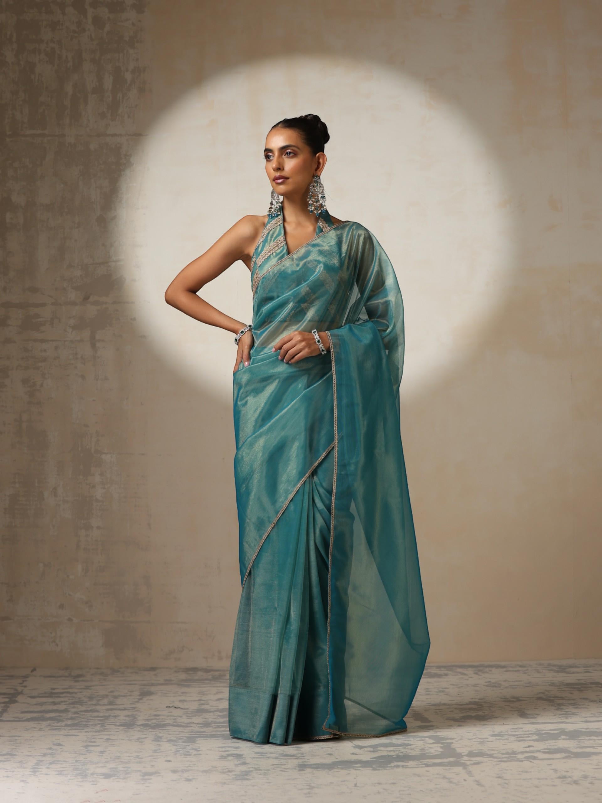Blue Gold Soft Organza Saree with Blouse Fabric and Lace
