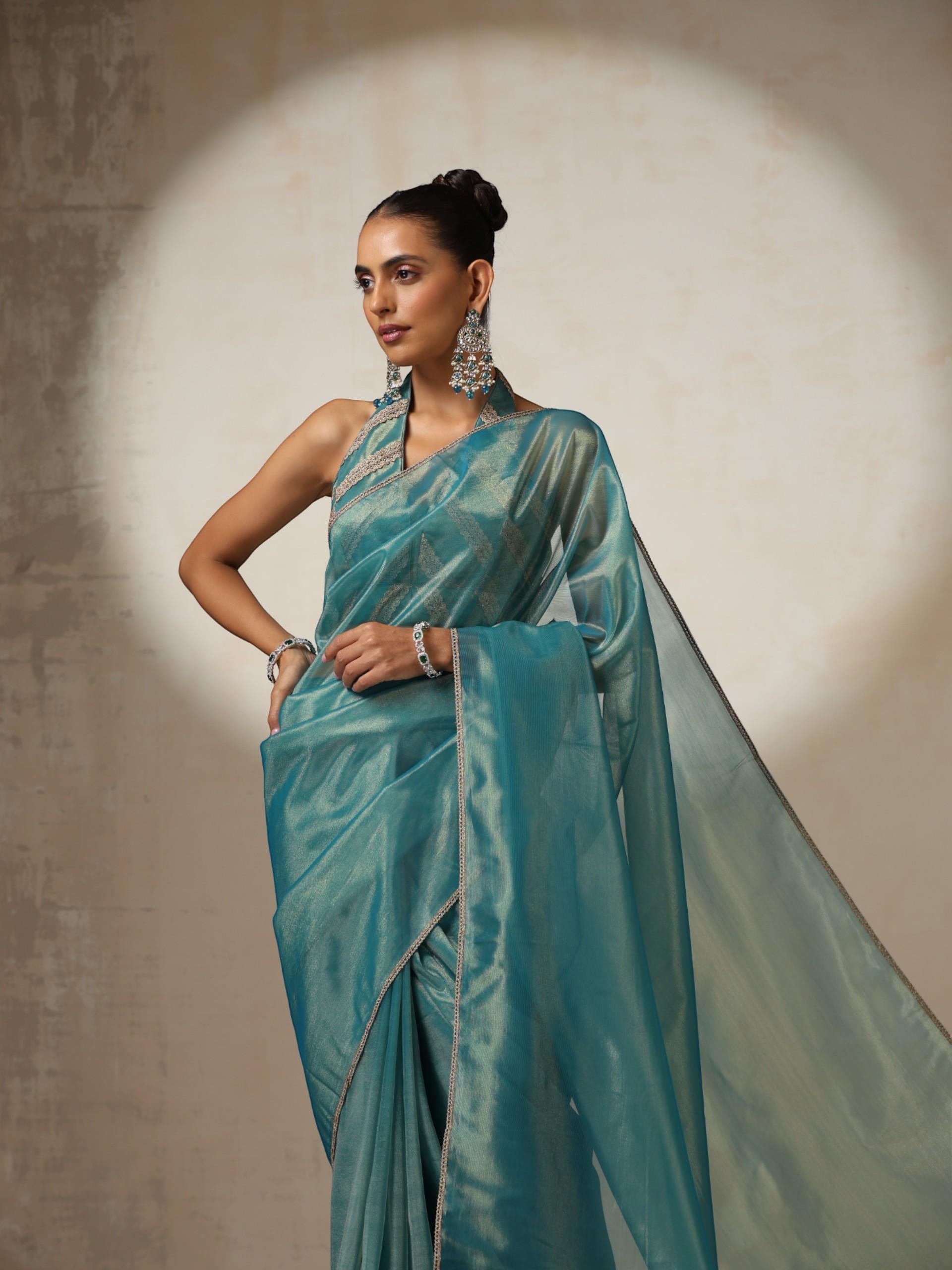 Blue Gold Soft Organza Saree with Blouse Fabric and Lace