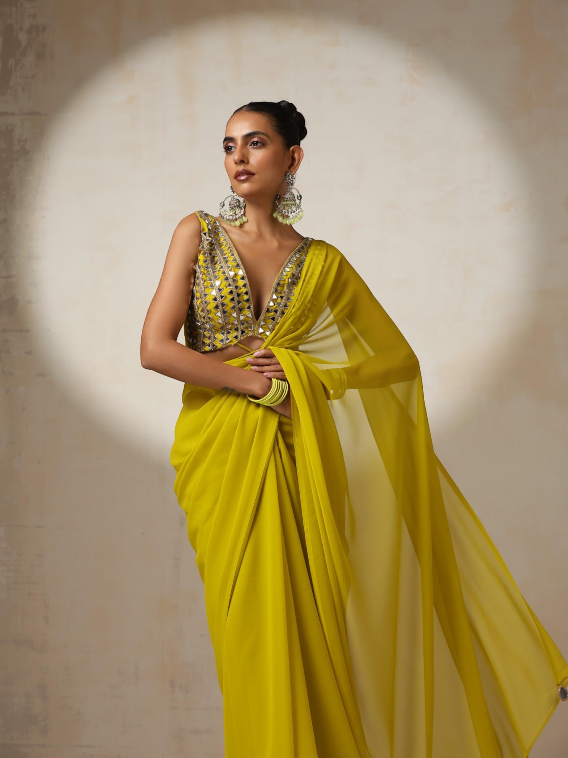Highlighter Chiffon Saree with Mirror Pendants and Blouse Fabric and Mirror Lace