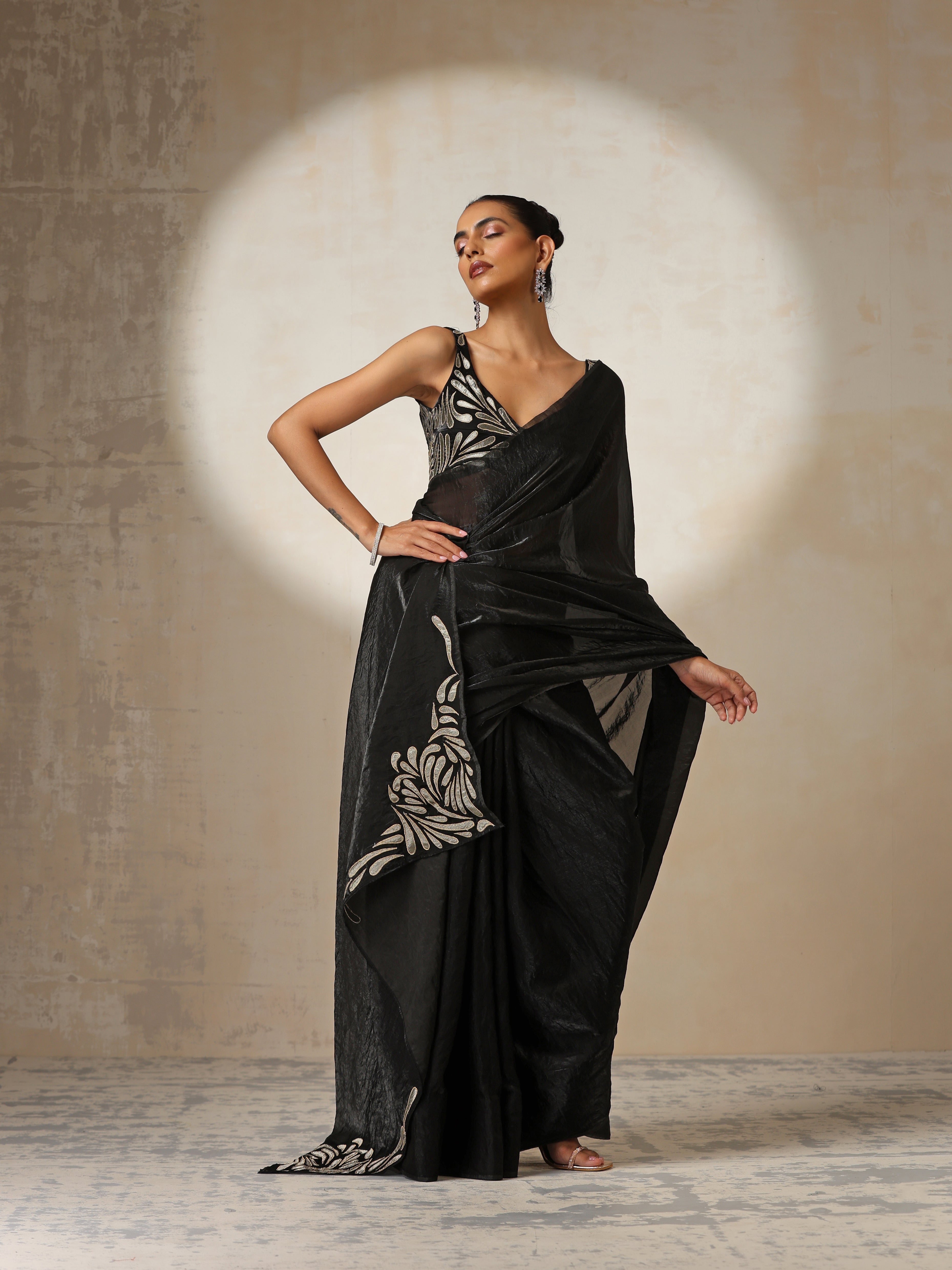 Black Metallic Crushed Satin with Bronze Embroidery with Blouse Fabric