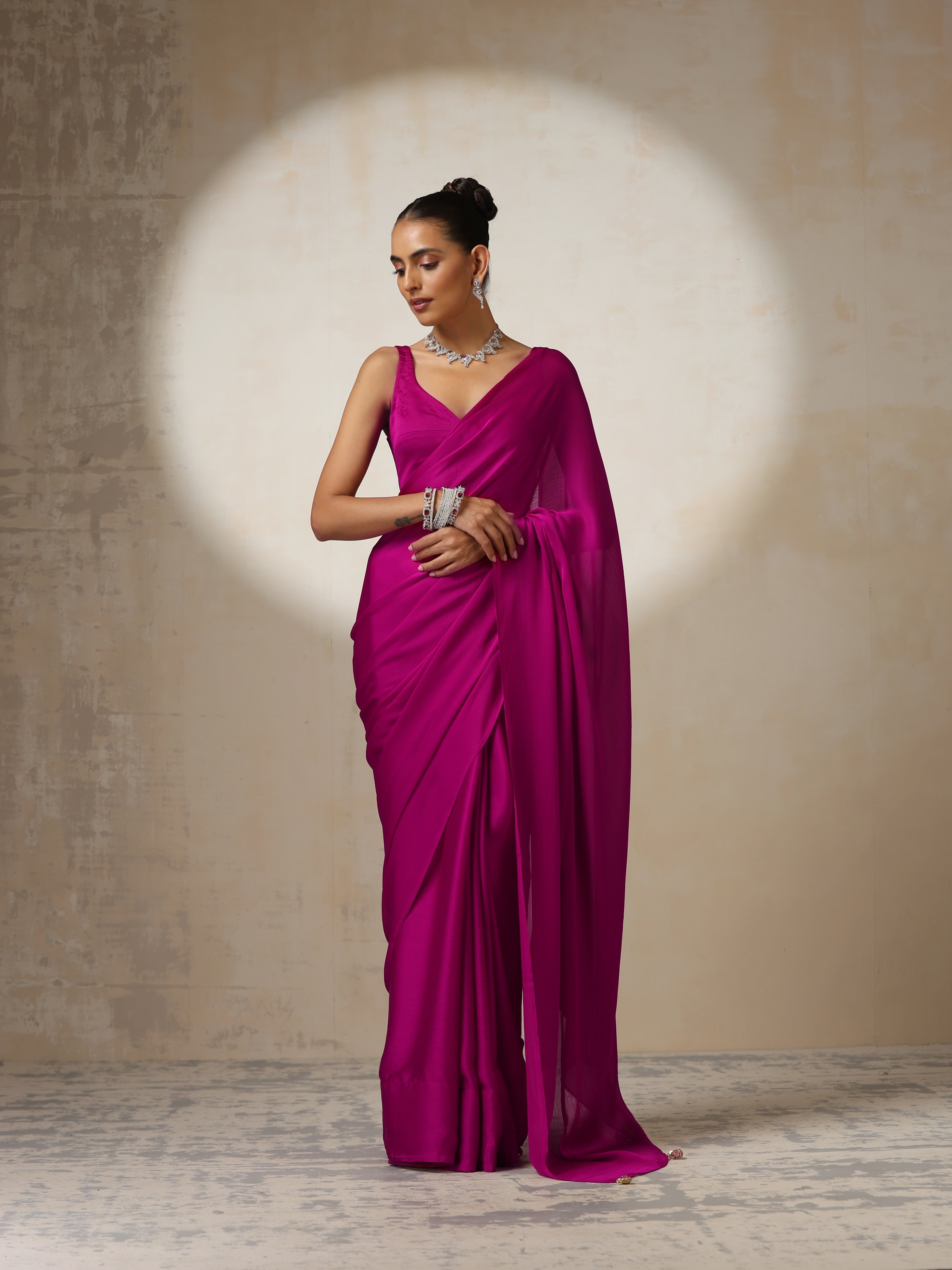 Rebel Pink Butter Chiffon Saree with Pendants and Blouse Fabric