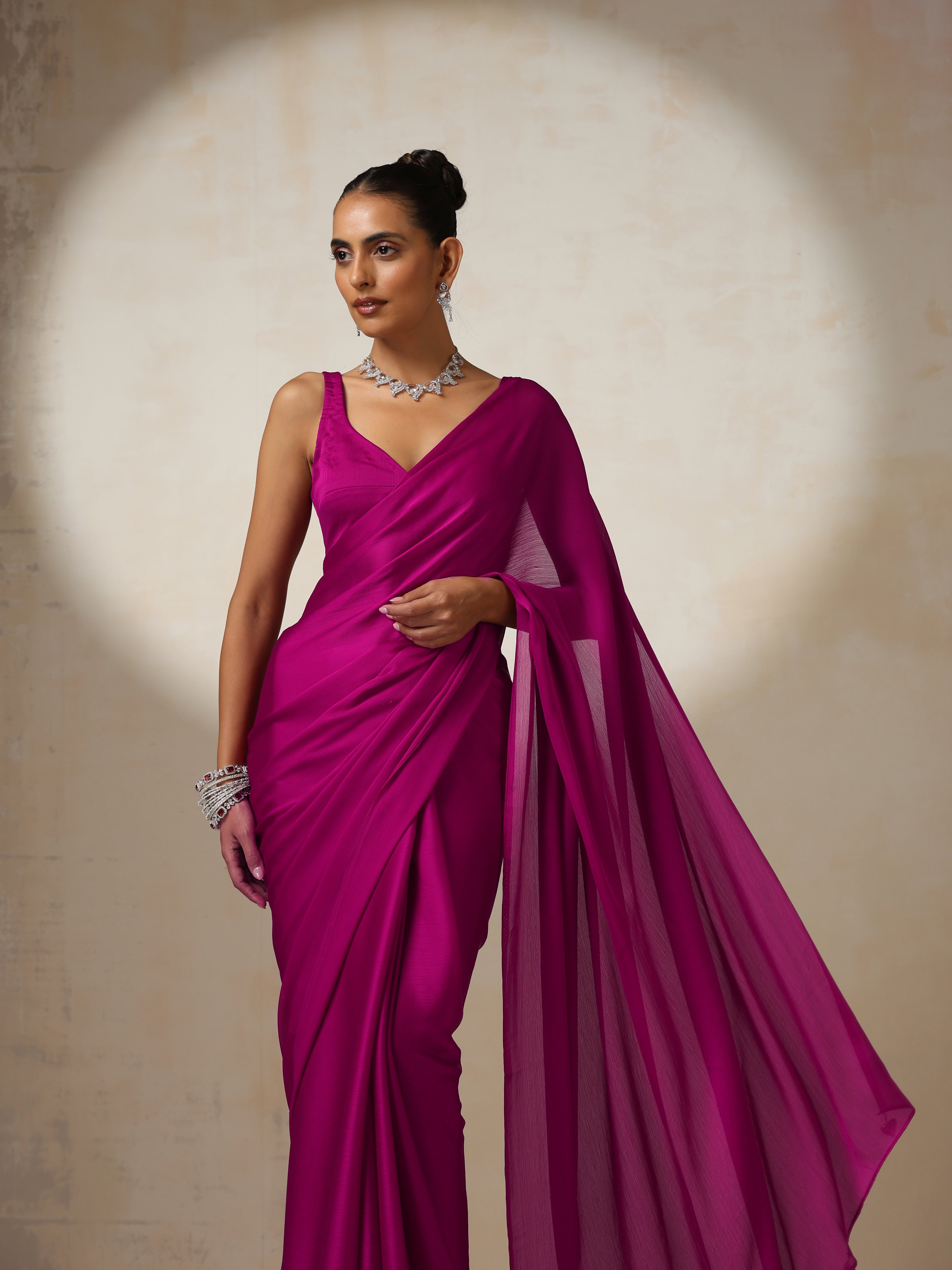 Rebel Pink Butter Chiffon Saree with Pendants and Blouse Fabric