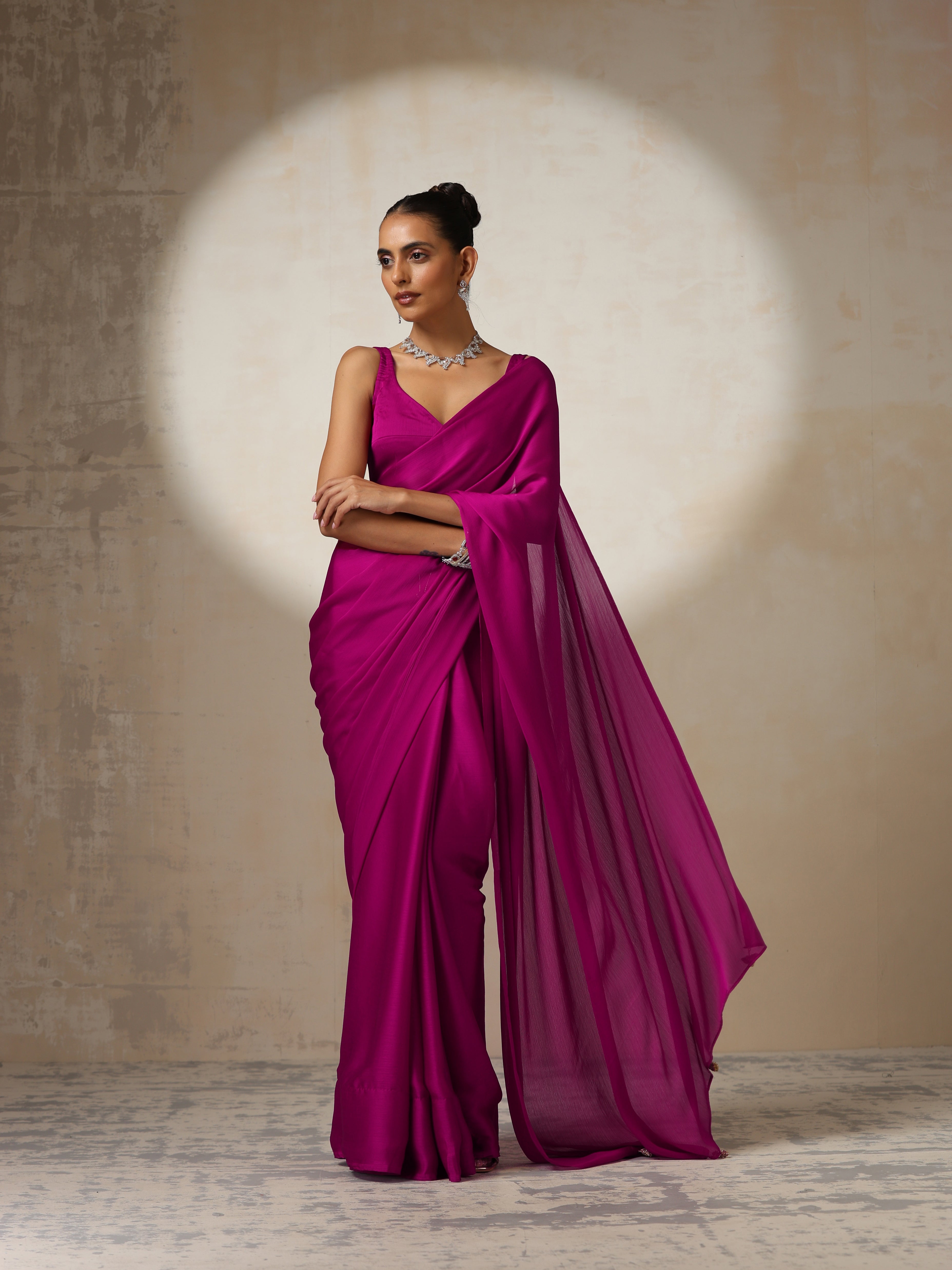 Rebel Pink Butter Chiffon Saree with Pendants and Blouse Fabric