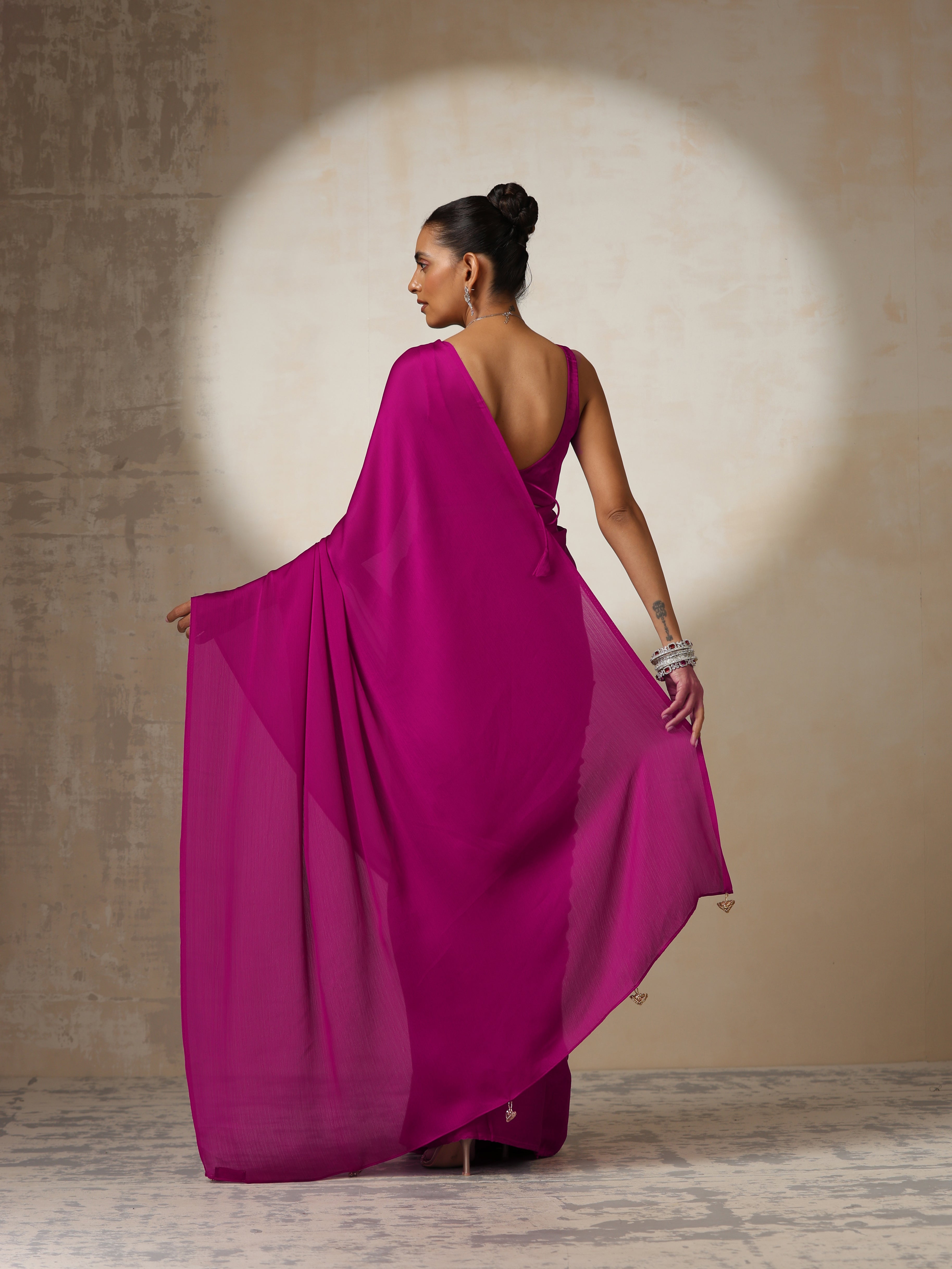 Rebel Pink Butter Chiffon Saree with Pendants and Blouse Fabric