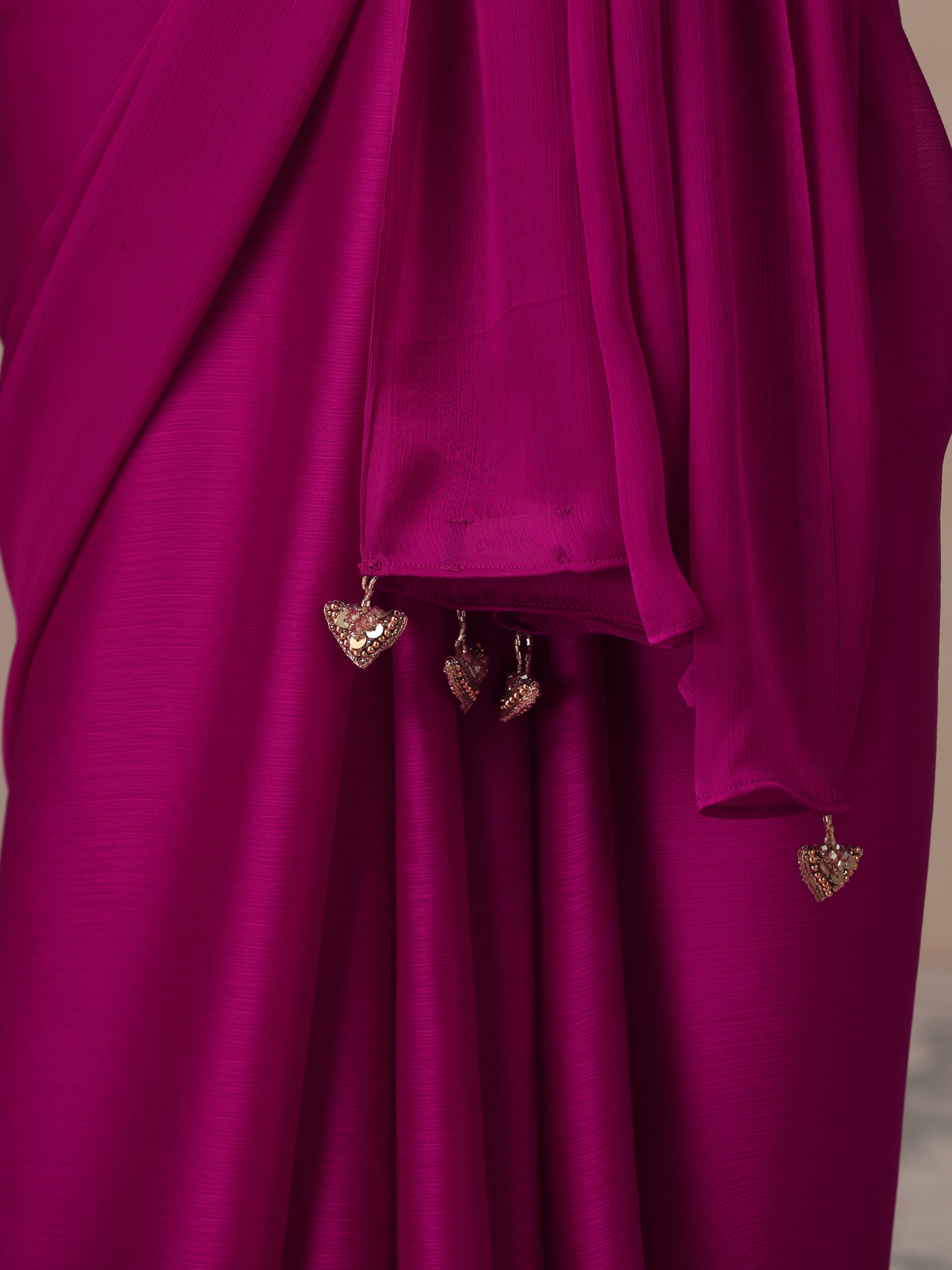 Rebel Pink Butter Chiffon Saree with Pendants and Blouse Fabric