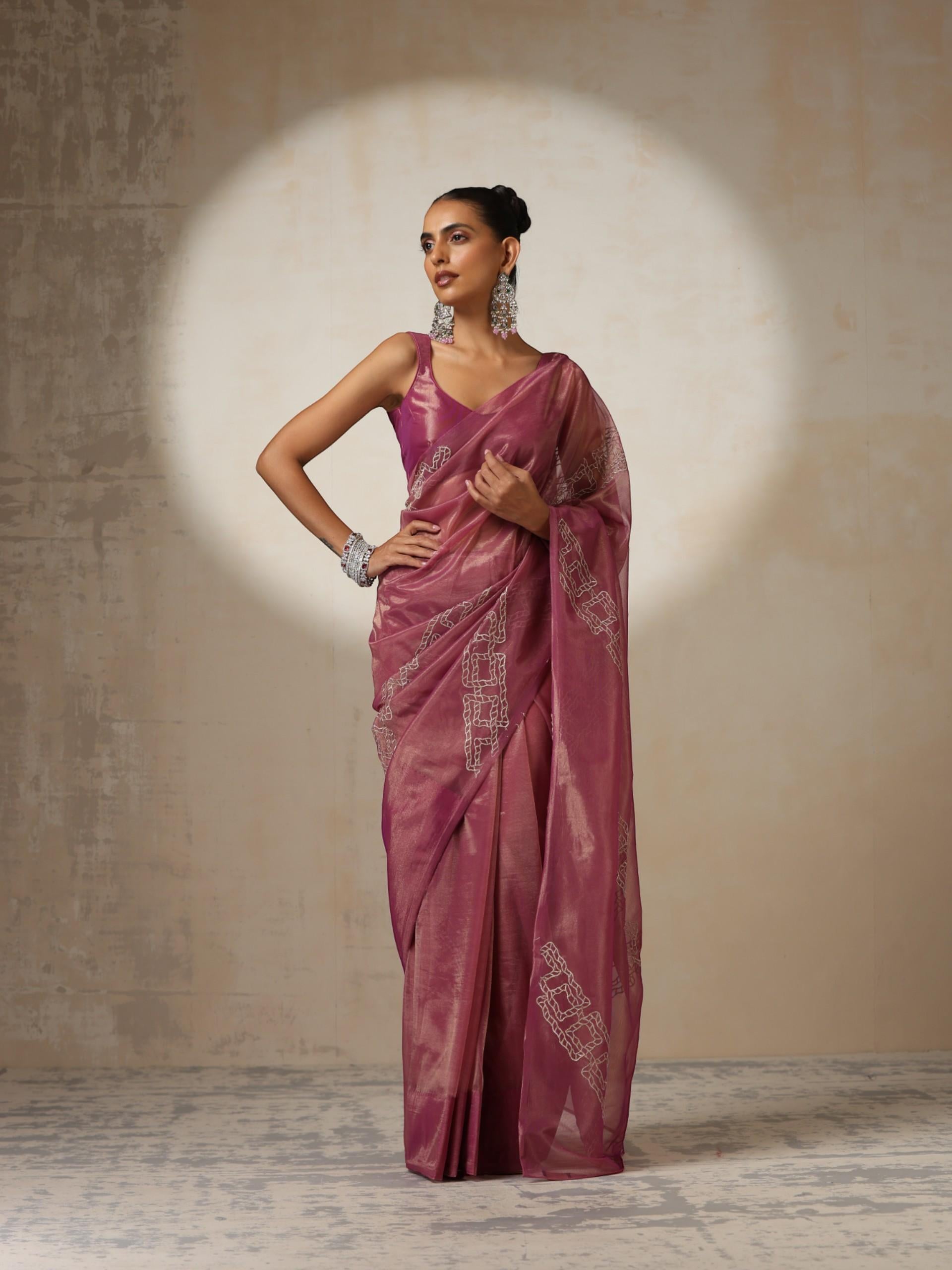 Pink Gold Soft Organza Saree with Zari Embroidery and Blouse Fabric
