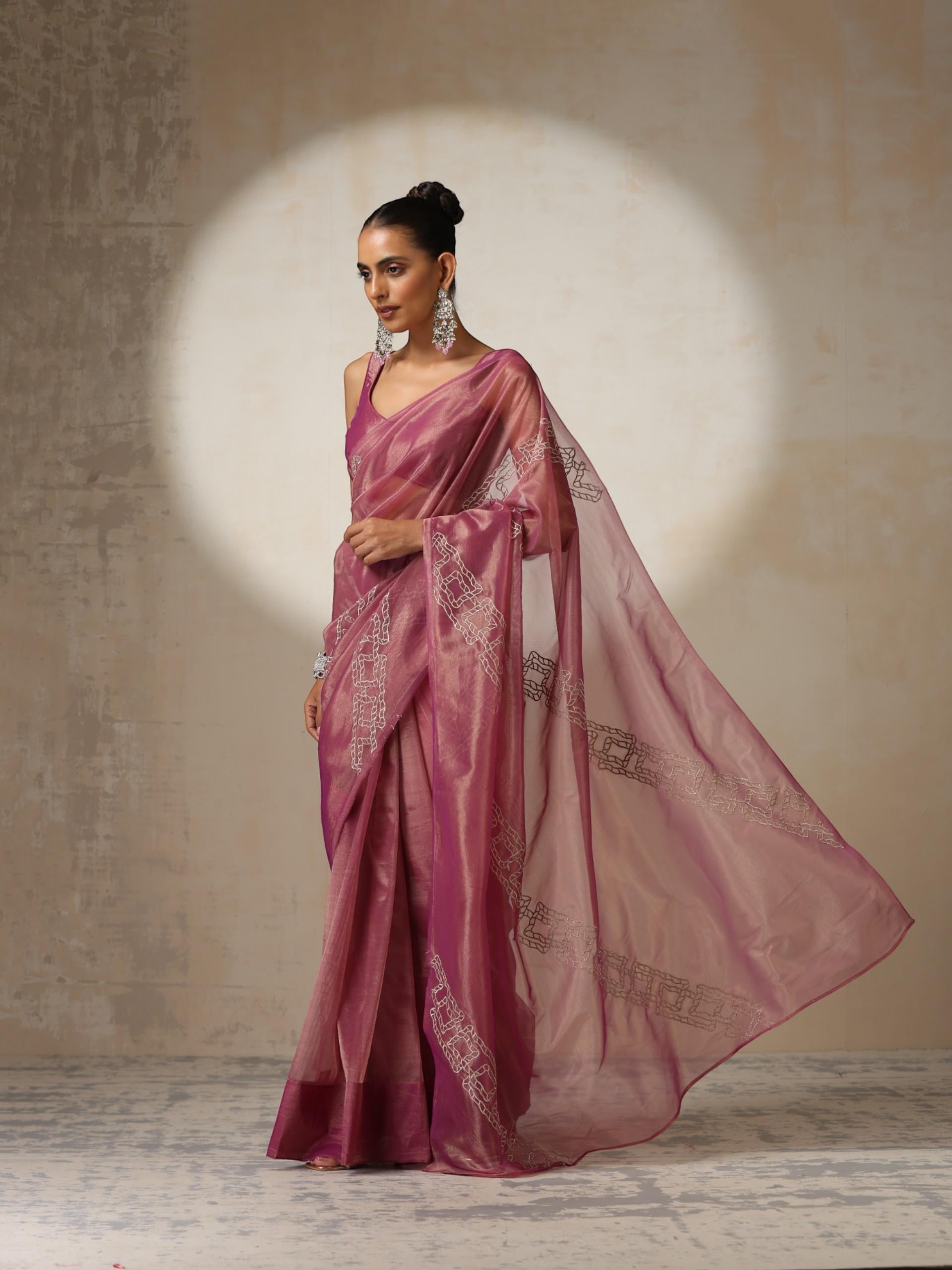 Pink Gold Soft Organza Saree with Zari Embroidery and Blouse Fabric
