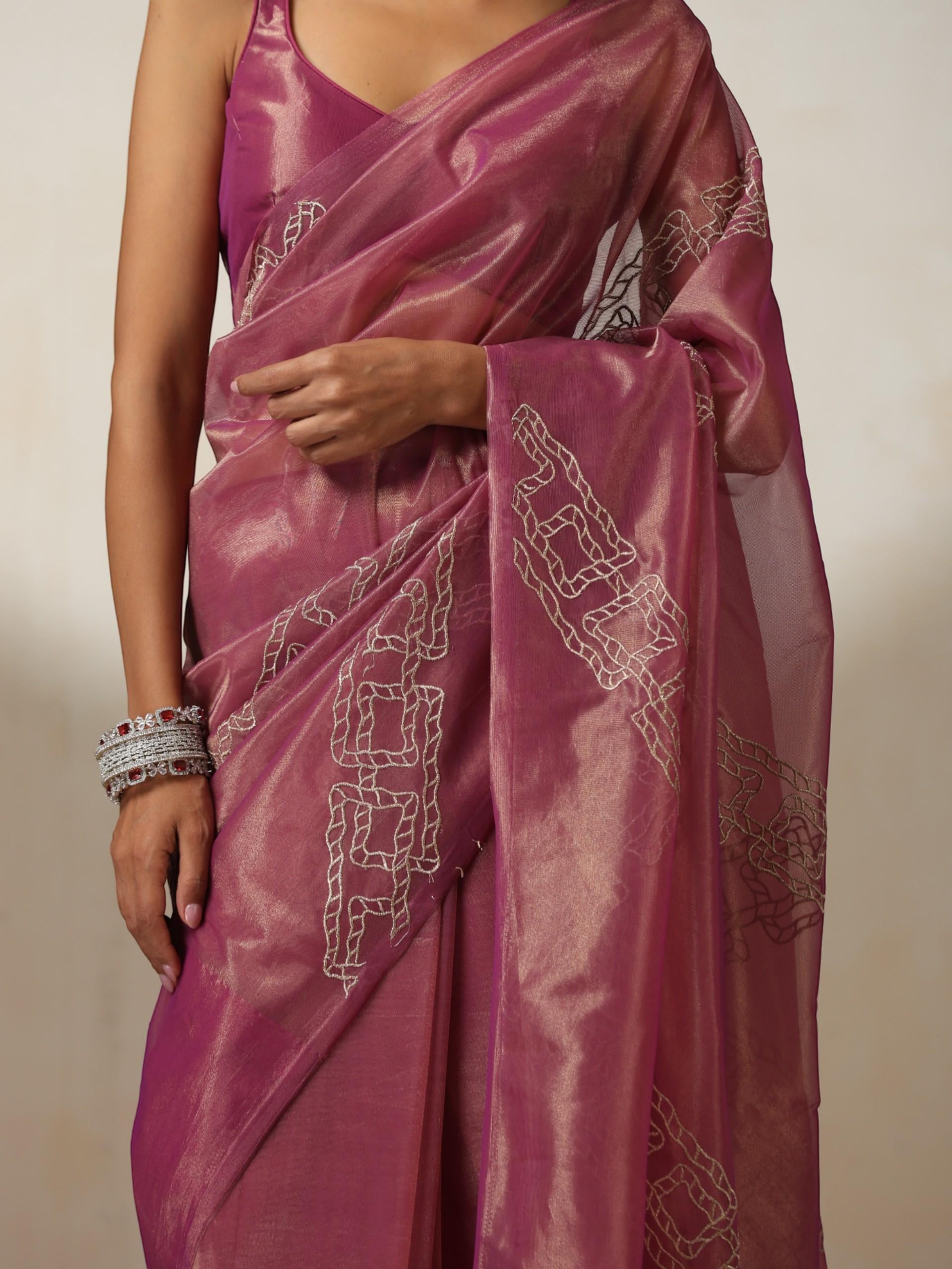 Pink Gold Soft Organza Saree with Zari Embroidery and Blouse Fabric
