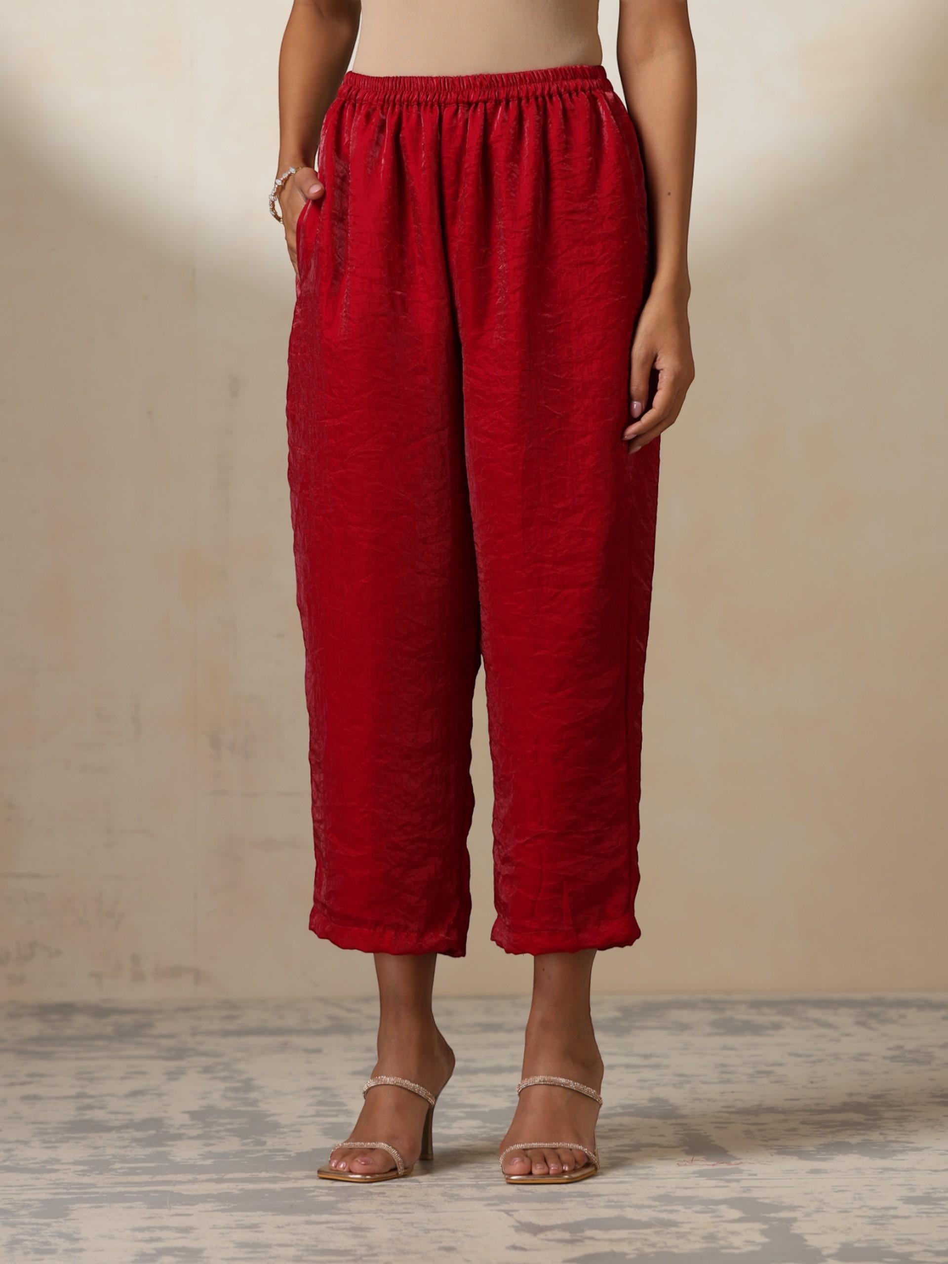 Women's Fuchsia Red Metallic Satin Kurta with Hand Beaded Scallop Dupatta 3 Piece Set | A-Line, V Neck, Full Sleeve, Pants, Festive Wear, (Metallic Satin)