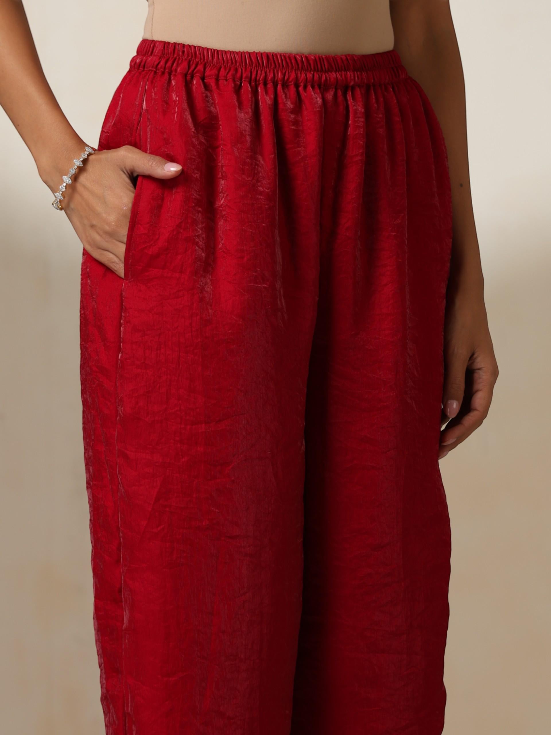 Women's Fuchsia Red Metallic Satin Kurta with Hand Beaded Scallop Dupatta 3 Piece Set | A-Line, V Neck, Full Sleeve, Pants, Festive Wear, (Metallic Satin)