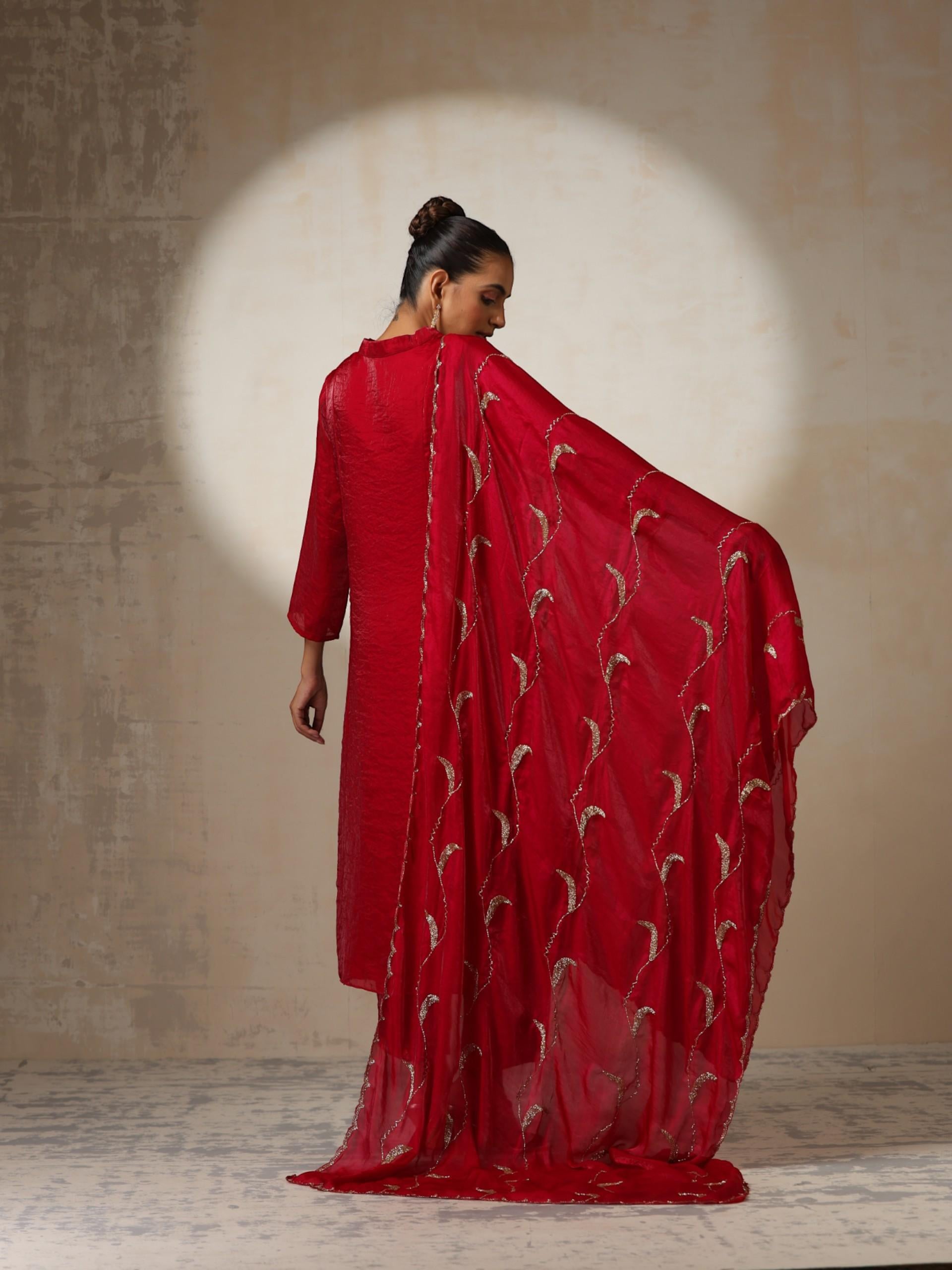 Women's Fuchsia Red Metallic Satin Kurta with Hand Beaded Scallop Dupatta 3 Piece Set | A-Line, V Neck, Full Sleeve, Pants, Festive Wear, (Metallic Satin)