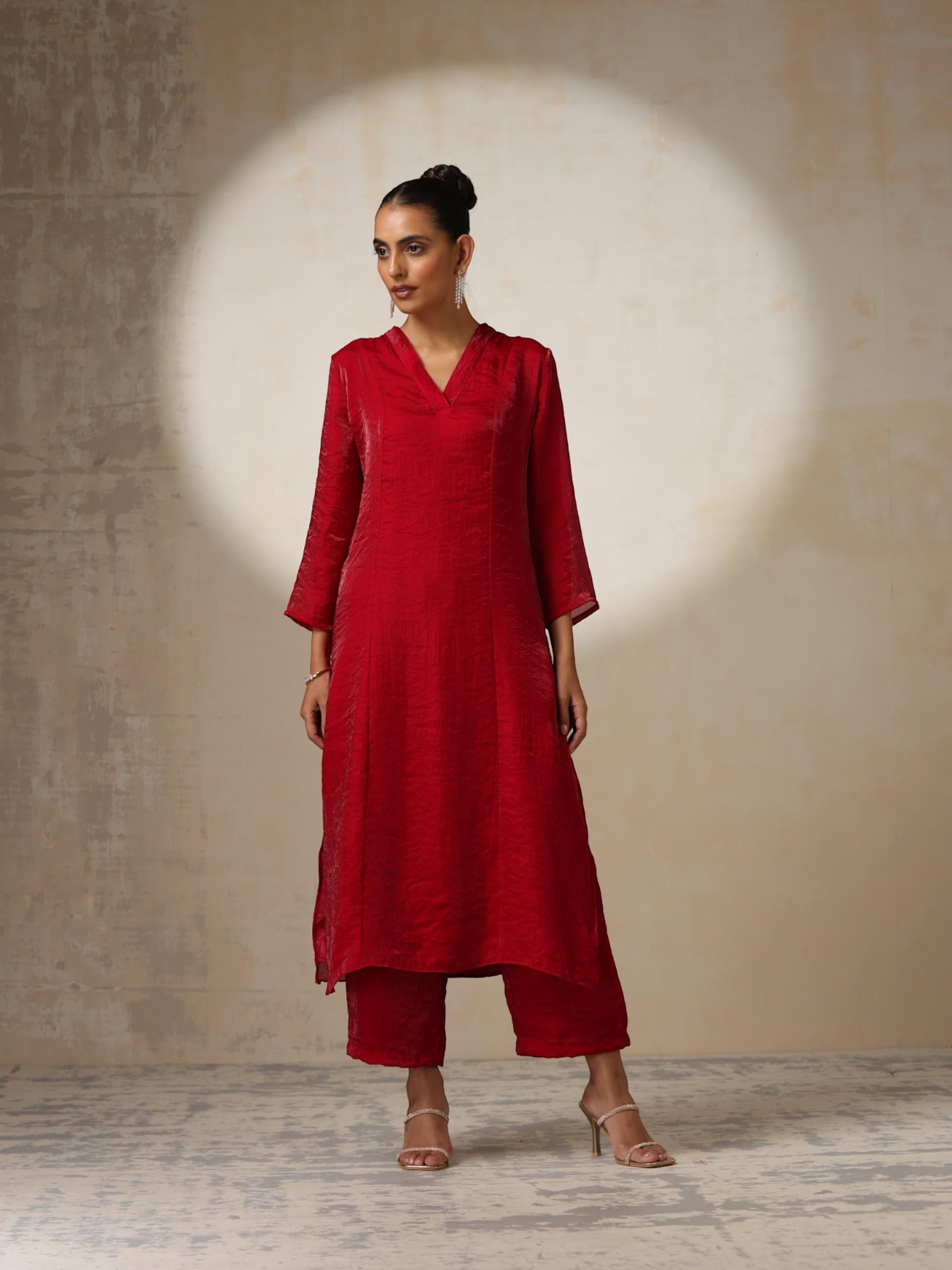 Women's Fuchsia Red Metallic Satin Kurta with Hand Beaded Scallop Dupatta 3 Piece Set | A-Line, V Neck, Full Sleeve, Pants, Festive Wear, (Metallic Satin)