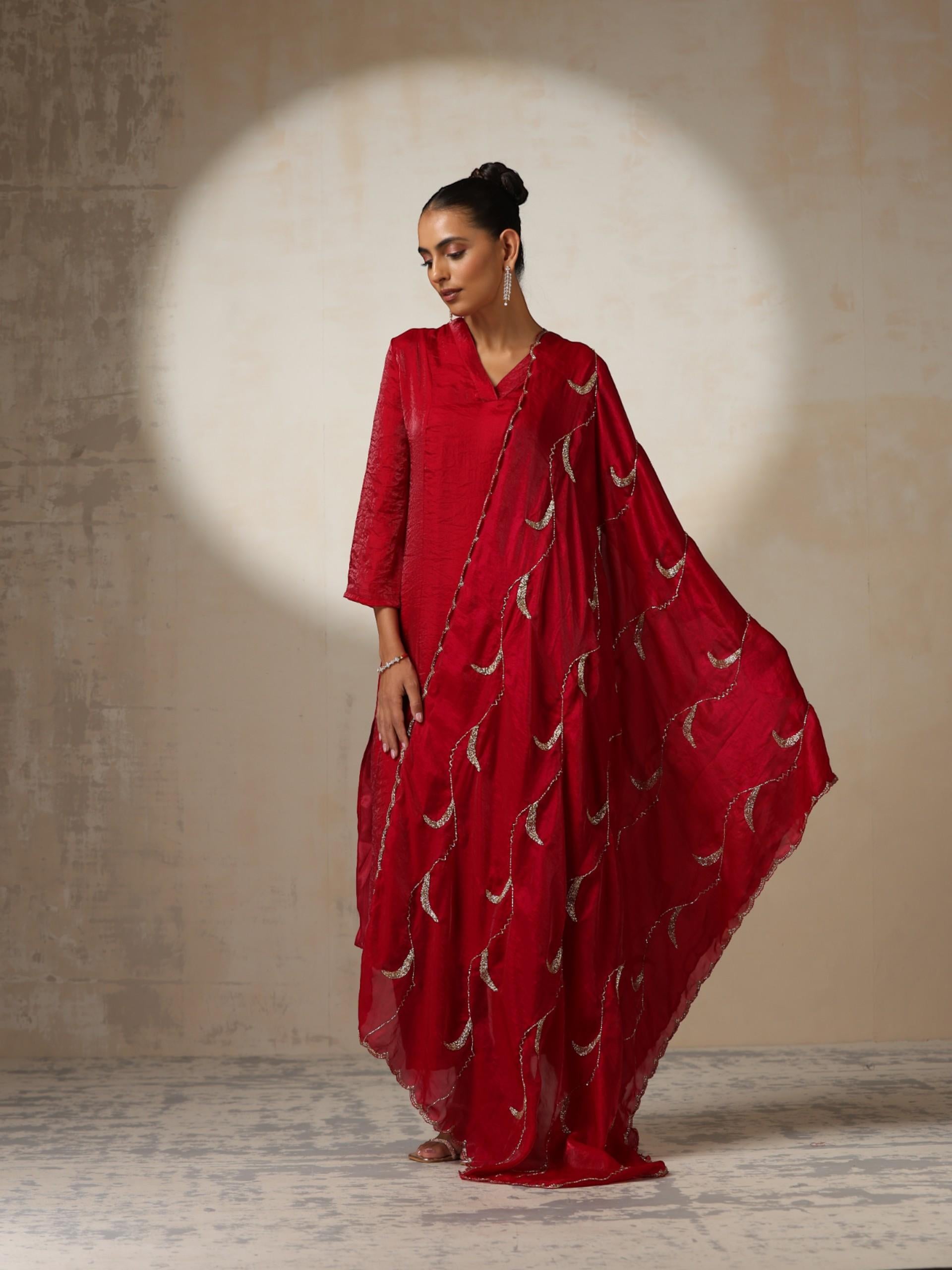 Women's Fuchsia Red Metallic Satin Kurta with Hand Beaded Scallop Dupatta 3 Piece Set | A-Line, V Neck, Full Sleeve, Pants, Festive Wear, (Metallic Satin)