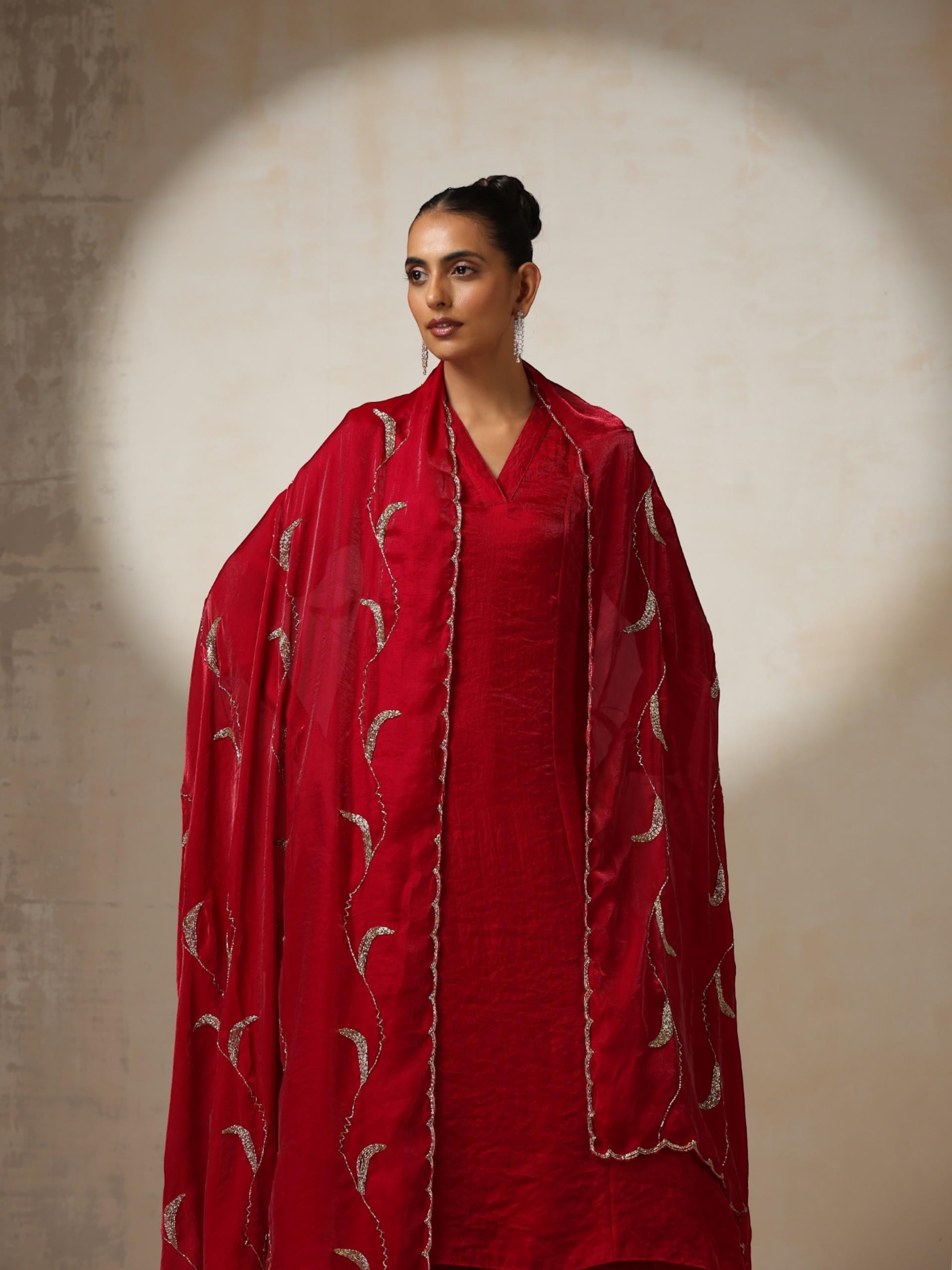 Women's Fuchsia Red Metallic Satin Kurta with Hand Beaded Scallop Dupatta 3 Piece Set | A-Line, V Neck, Full Sleeve, Pants, Festive Wear, (Metallic Satin)