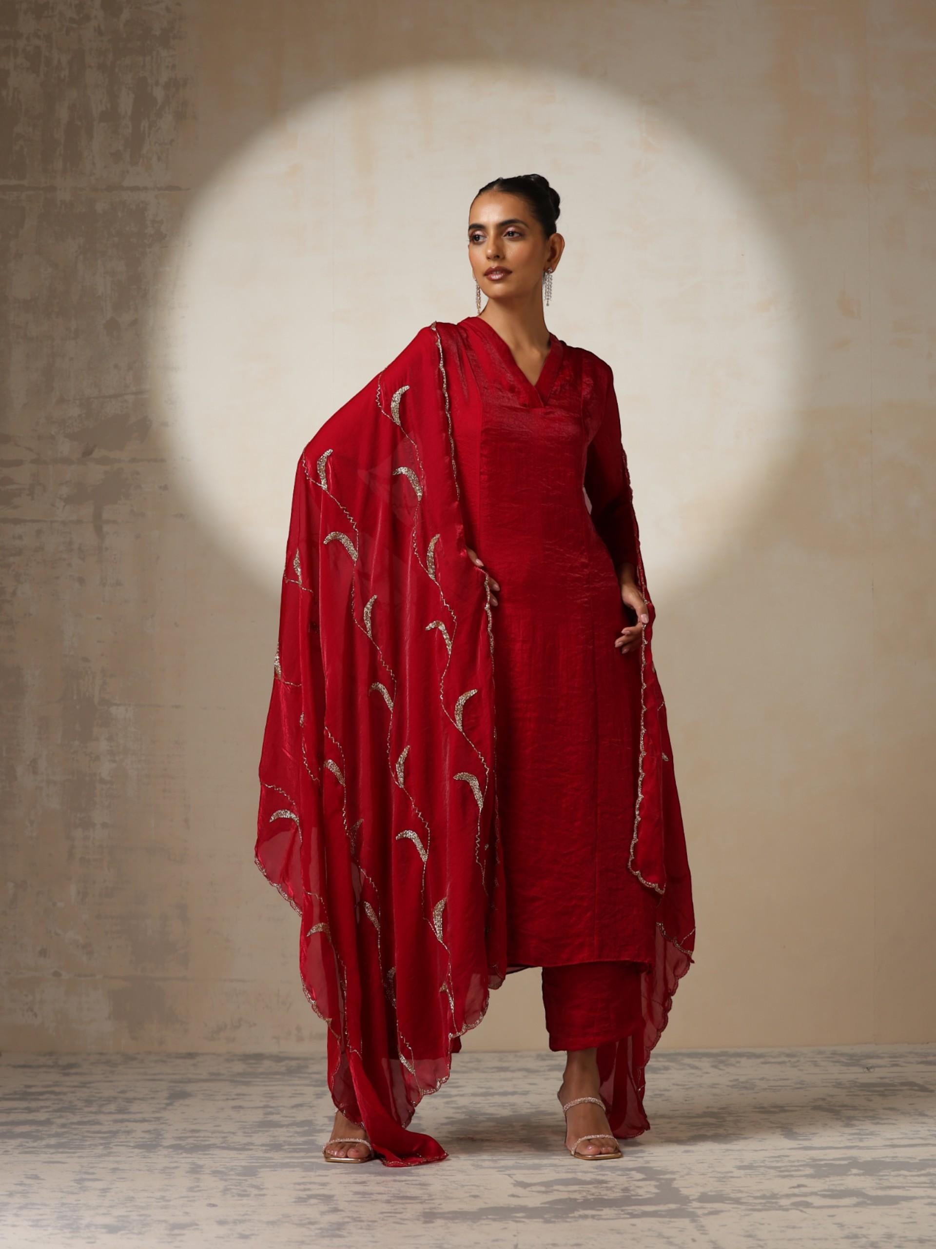 Women's Fuchsia Red Metallic Satin Kurta with Hand Beaded Scallop Dupatta 3 Piece Set | A-Line, V Neck, Full Sleeve, Pants, Festive Wear, (Metallic Satin)