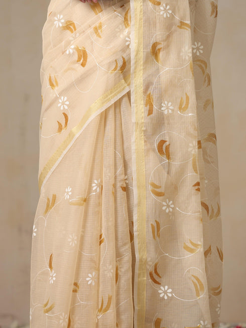 Cream and Brown Hand Painted Kota Saree with Blouse Fabric