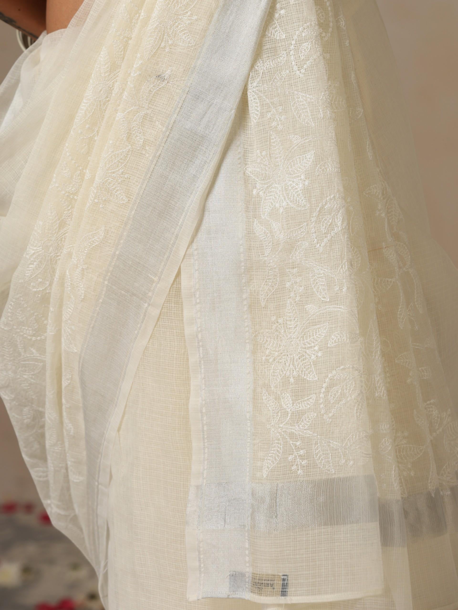 Cream and Silver Cotton Kota Saree with All over Embroidery and Blouse Fabric