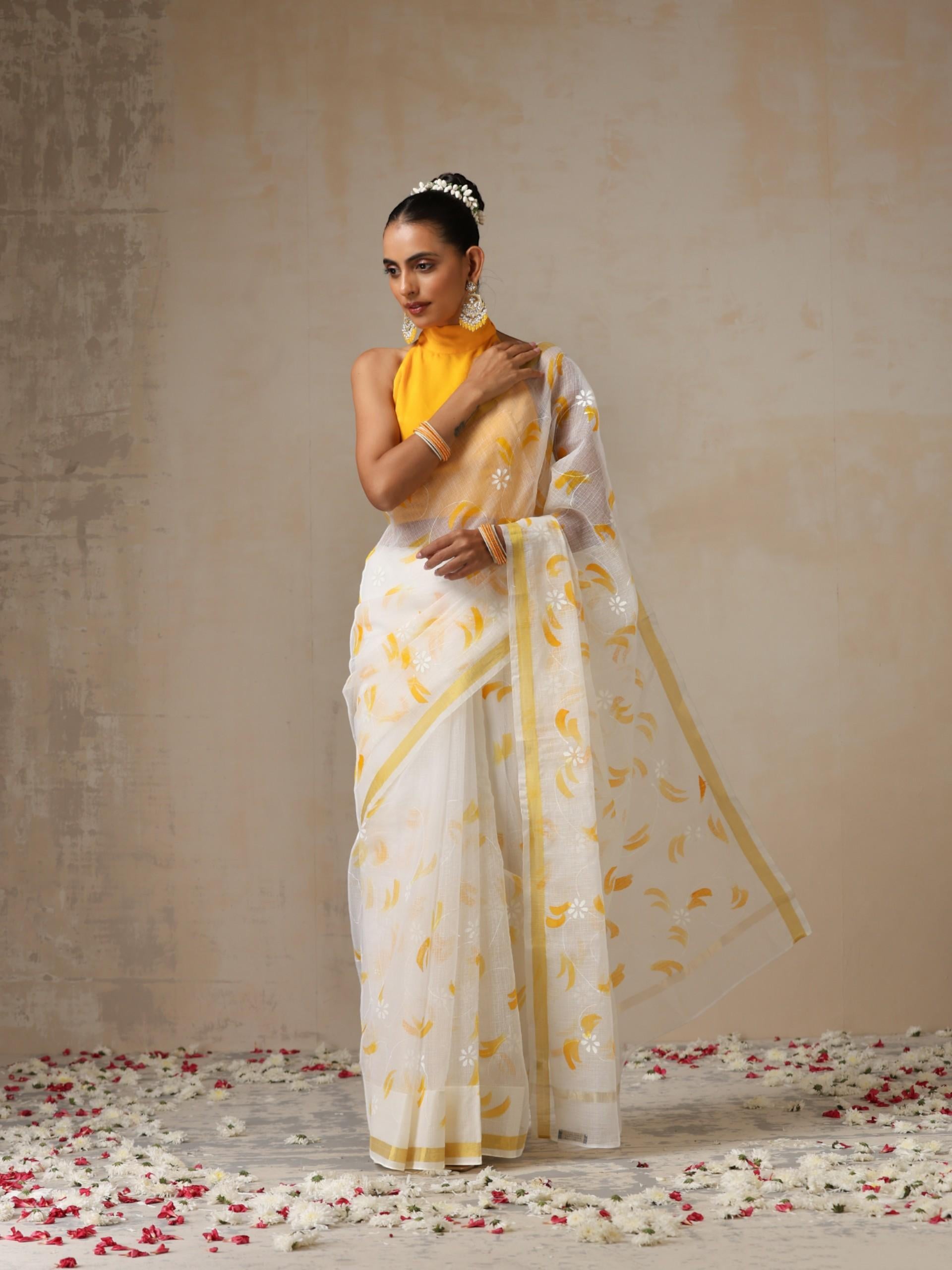 White Hand Painted Kota Saree with Blouse Fabric